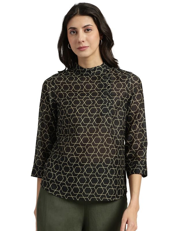 Image of FableStreet Women Formal Top | Asymmetrical Button Placket Band Collar Three-Quarter Sleeves | Pure Cotton Smooth Fabric for Office & Workwear