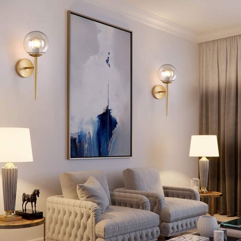 Nordic Vintage Gold Metall Wandlaterne Moderne Industrielle Glaswandlampe Leuchte Schlafzimmer Nacht Leselampe Retro Glaskugel Wandleuchten für Wohnzimmer Flur Wandbeleuchtung, E27 Fassung needed