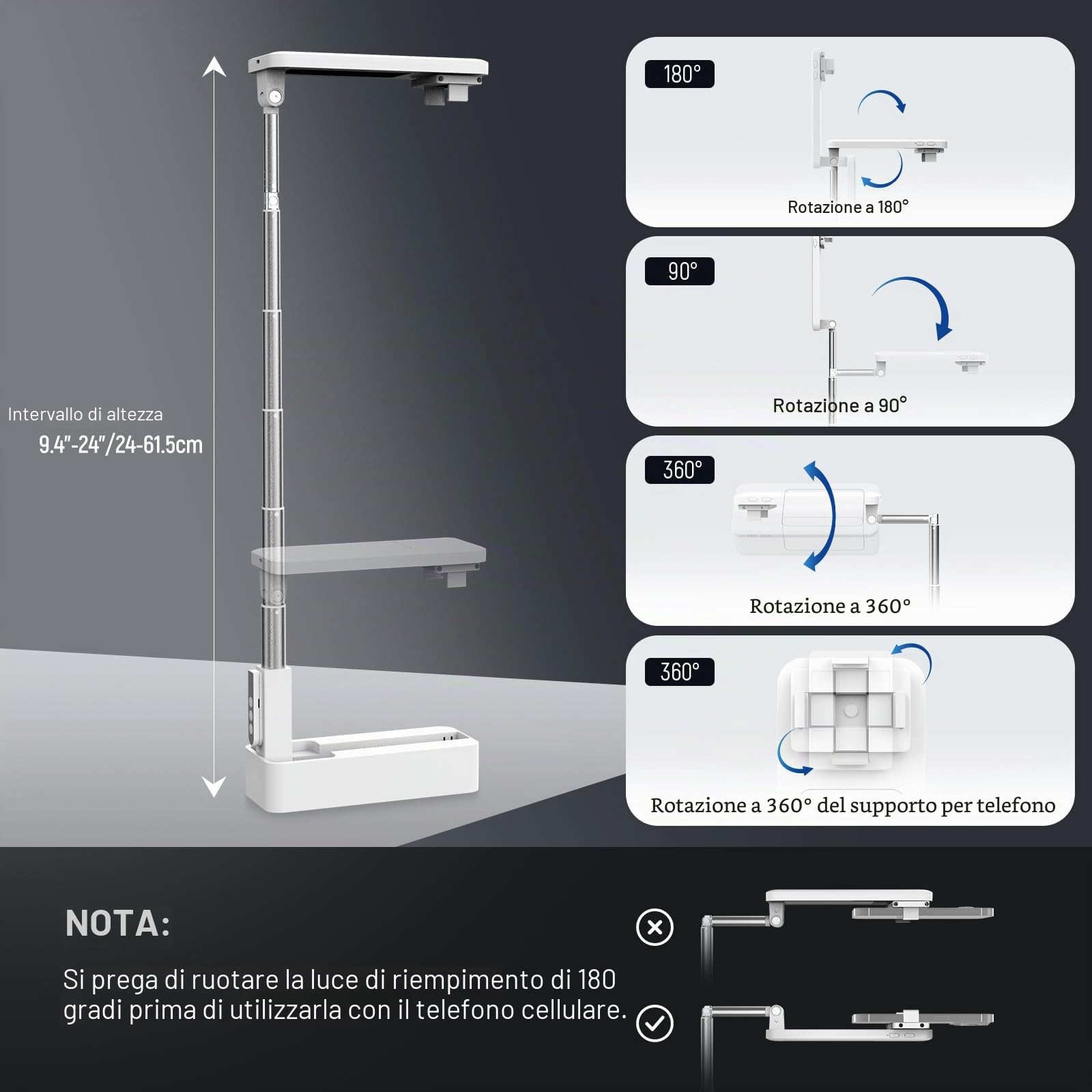 NEEWER ENTRY LEVEL VERSION Supporto Telefono da Tavolo Overhead con Luce LED/Telecomando/Porta Cellulare per Selfie Streaming Video, 4W 990lx/0,3m 3 Modalità CRI80 1000mAh Ricaricabile Portatile, V10