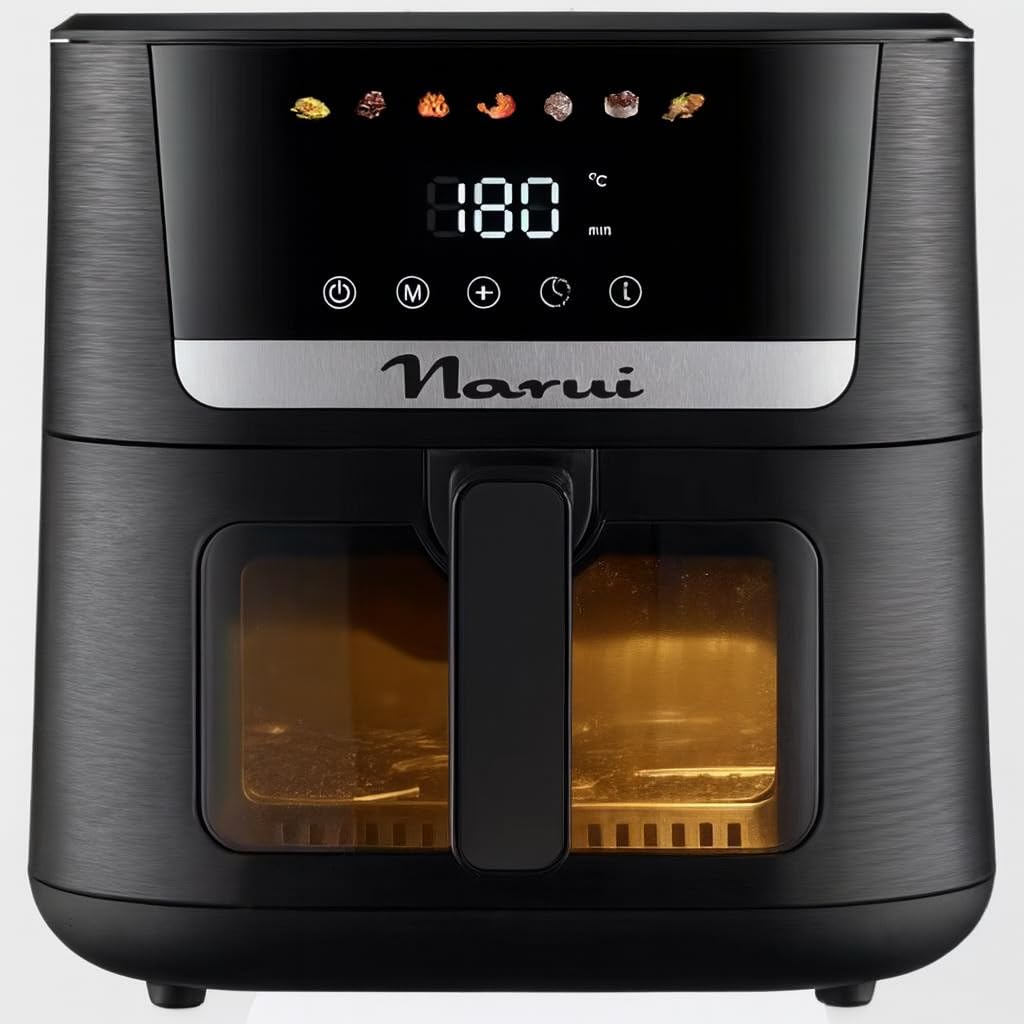 NARVI | Air Fryer | 6.5L, Black, 1600W, Stainless Steel | Digital Touch Panel, 7 Automatic Programs, Visible Window, Temperature Control, Dishwasher Safe | Healthy Cooking