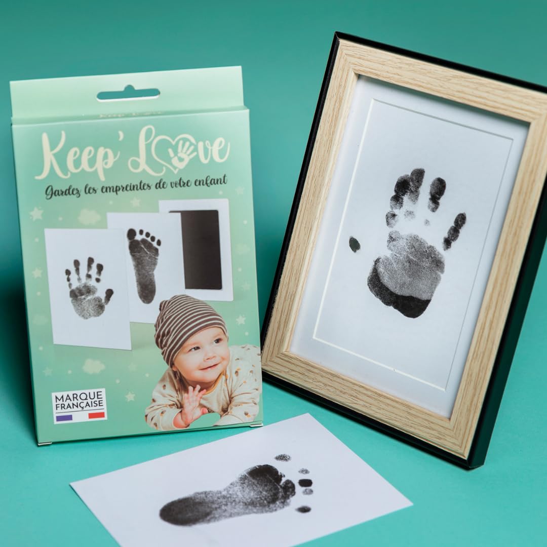 Keep'Love – Pack de marco de huellas para bebés, kit de huellas y manos, recuerdo regalo de nacimiento, decoración original para habitación de bebé, marco de fotos de madera, contorno negro FSC