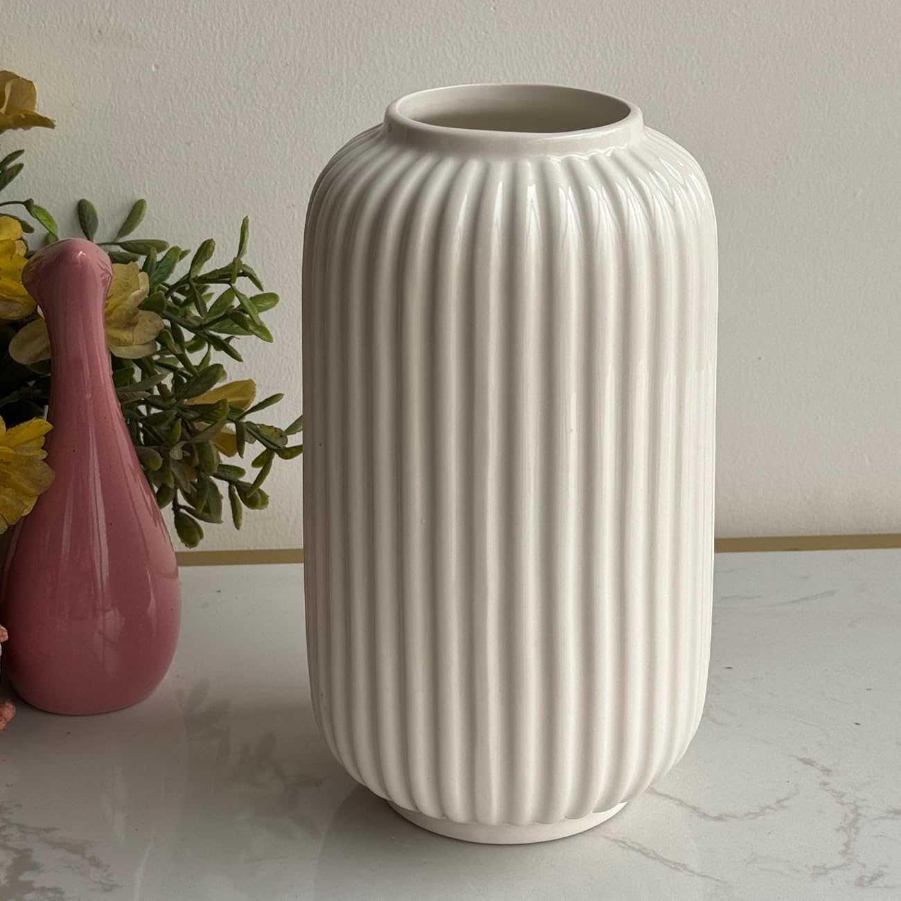 Art Street Decorative Boho Ceramic Vase Premium Shell Ribbed Modern Table Bookshelf Decor Classic Flower Pot for Home, Office, Living Room, Bedroom Decoration (White, Size : 5x9 Inch)