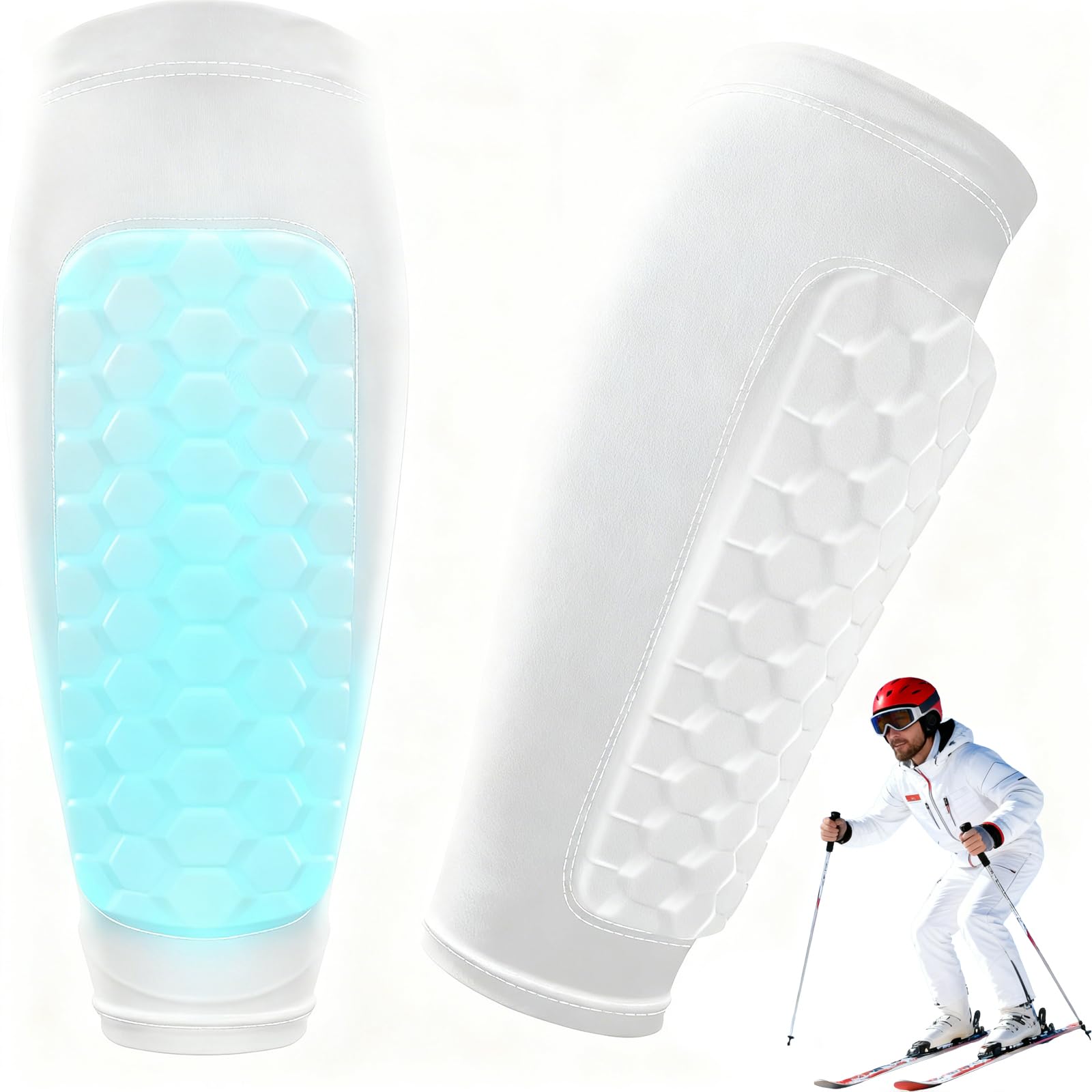 Schienbeinschoner Kinder Fussball Pro Schienbeinschoner Skifahren für Ski Fußball, Skisocken mit Schienbeinschutz Atmungsaktiv & rutschfest, 360° Stabilität SkiGuard Weiß (72g/1 Paar)