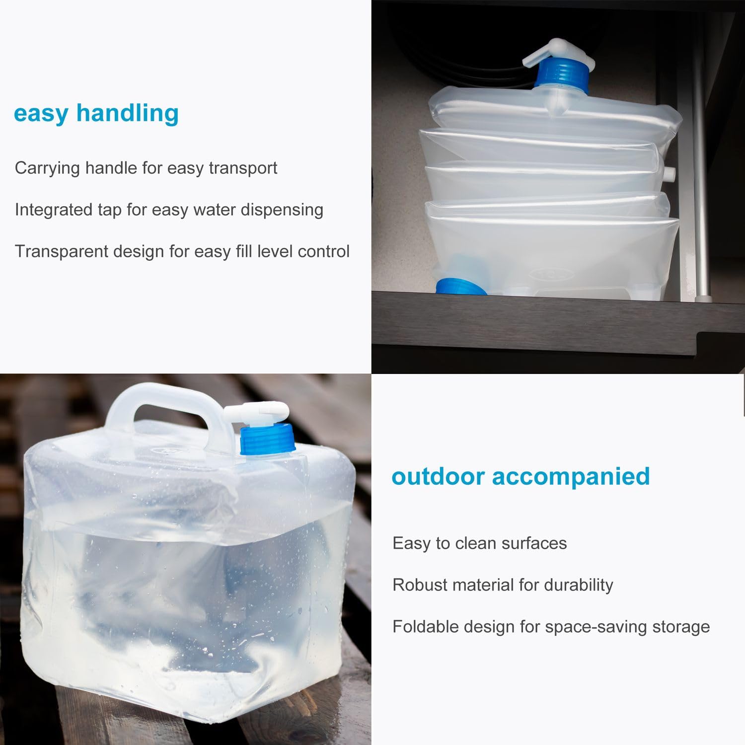 Intirilife 4x składany plastikowy kanister na wodę 10 L - 22,3 x 25,2 cm - Pojemnik na wodę Składany z uchwytem i kranikiem Kanister na wodę pitną Box Camping Festival Storage