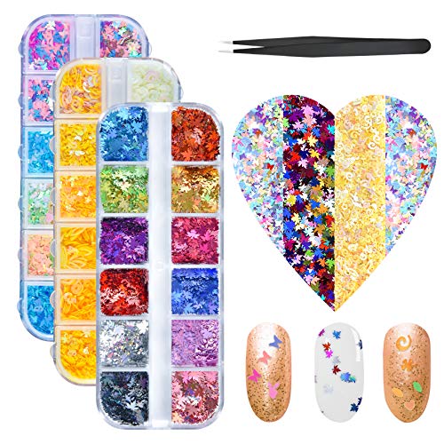 SKINER Butterfly Glitters Fall Nail Art Sequins for Nails Decoration, 3D Gold Decal with Tweezers Holographic Leaves Nail Sticker Butterfly Sequins Nail DIY Crafting(3 Boxes Glitter with Tweezers)