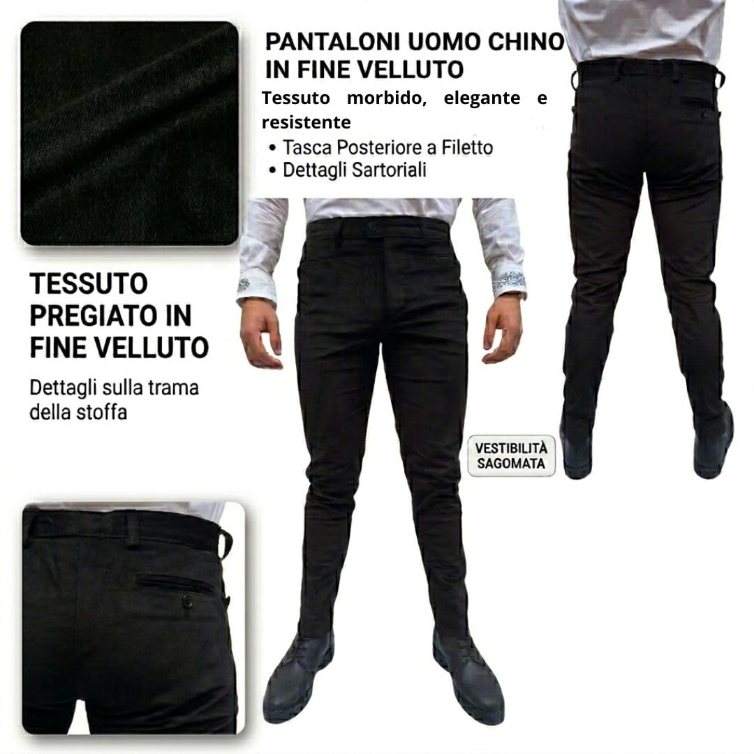 MELONI Pantalone sardo in Velluto Liscio, Vellutino Uomo, Slim Fit, Nero, Gamba Stretta
