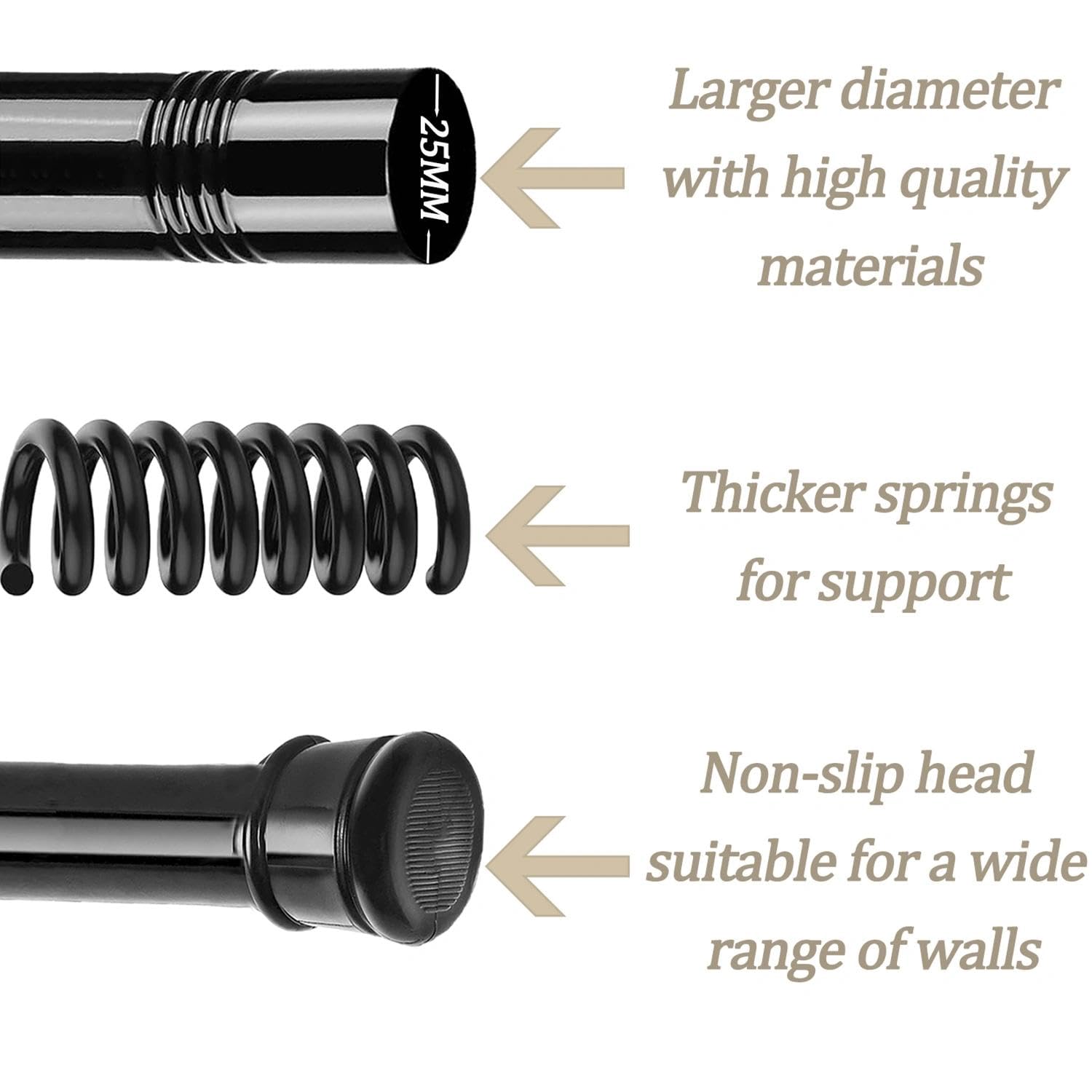 Curtain Poles No Drilling Adjustable Shower Poles Extendable Anti-Slip Ends Tension Rod For Curtain Pole For Wardrobe,Bathroom Black 67-90CM - Image 2