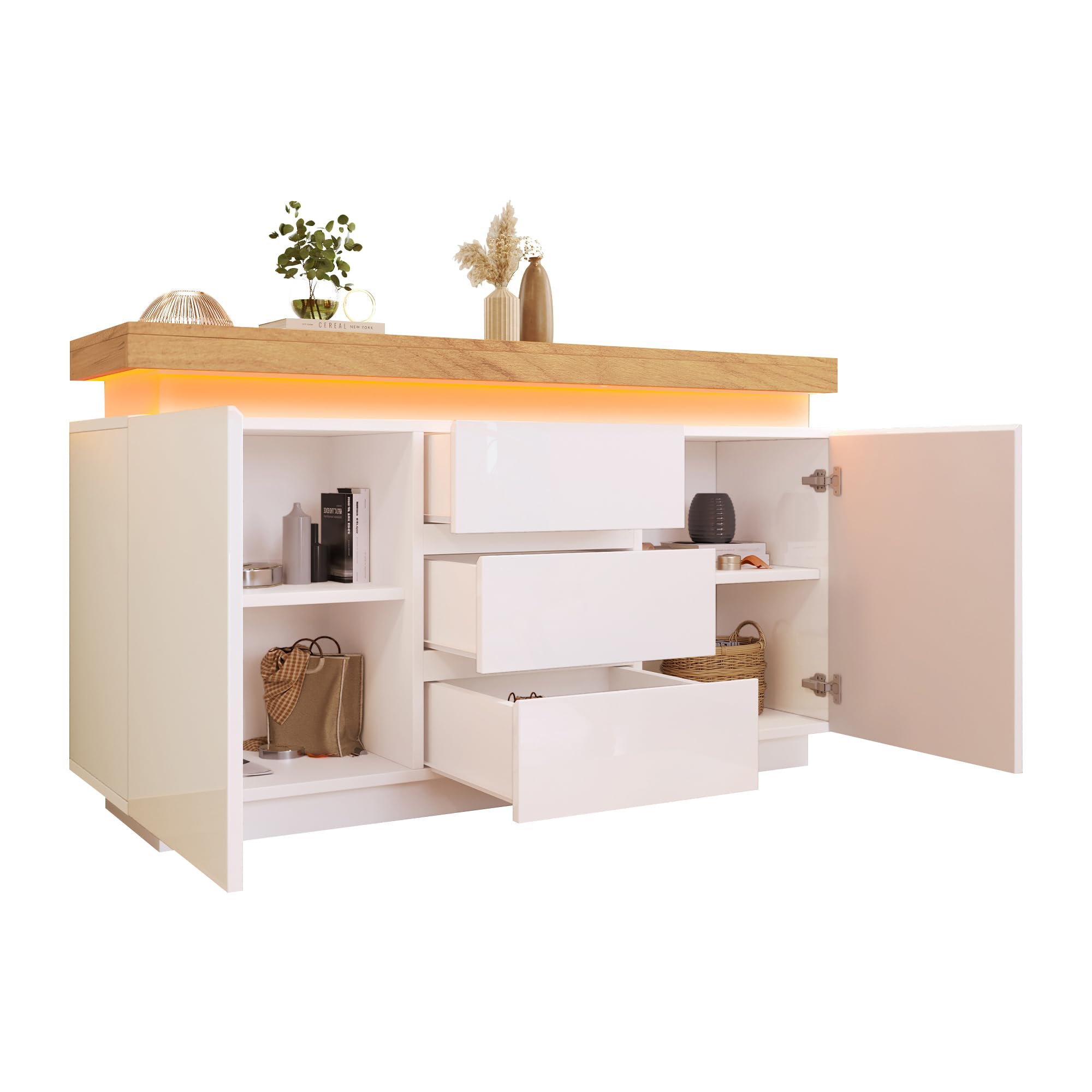 Moimhear Kommode, Hochglanz-Sideboard mit 2 Türen und 3 Schubladen, Stimmungsbeleuchtung (App-gesteuert), Multifunktionsschrank für Wohn- und Schlafzimmer, 81 x 140 x 39 cm, weiß