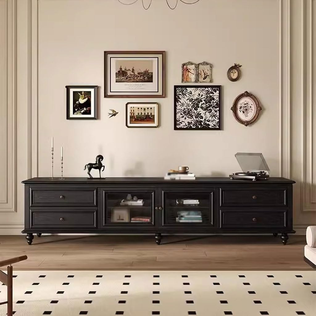 TV-Konsole, Entertainment-Center Amerikanischer Retro-High-End-TV-Schrank aus schwarzem Massivholz, Schlafzimmer, Wohnzimmer, Zuhause, Heller, luxuriöser, hochwertiger Stand-TV-Schrank