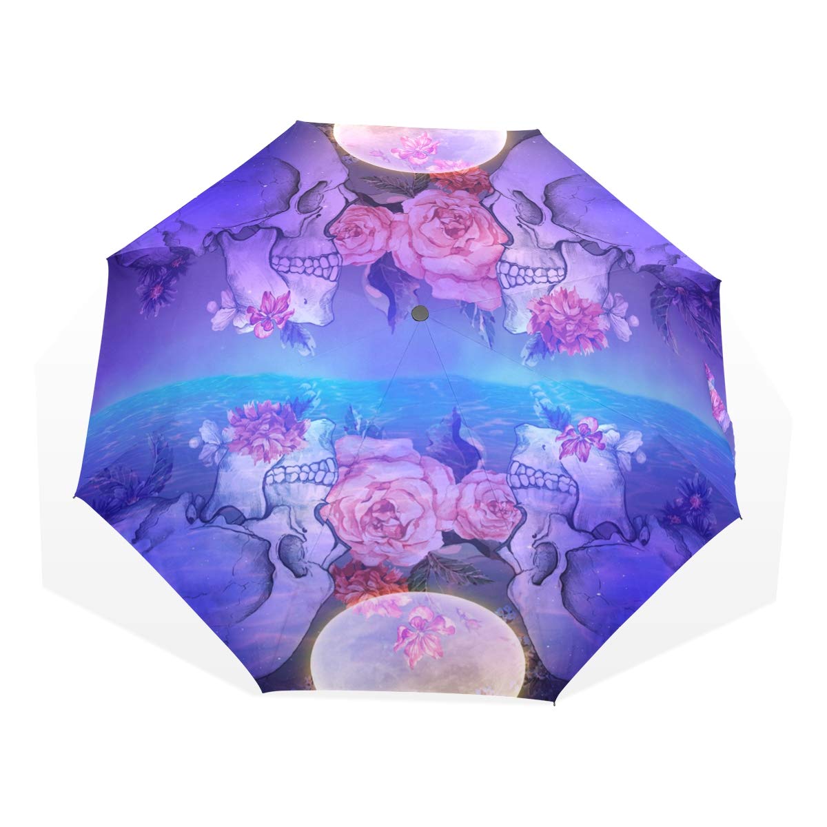 HuakzSugar Skull Moon and Flower Customized Umbrella Surface Design Purple Polar Region 10.5" Long Portable Triple Folding Use Width 3.3-Foot Strong Windproof Bracket Reflection Fog