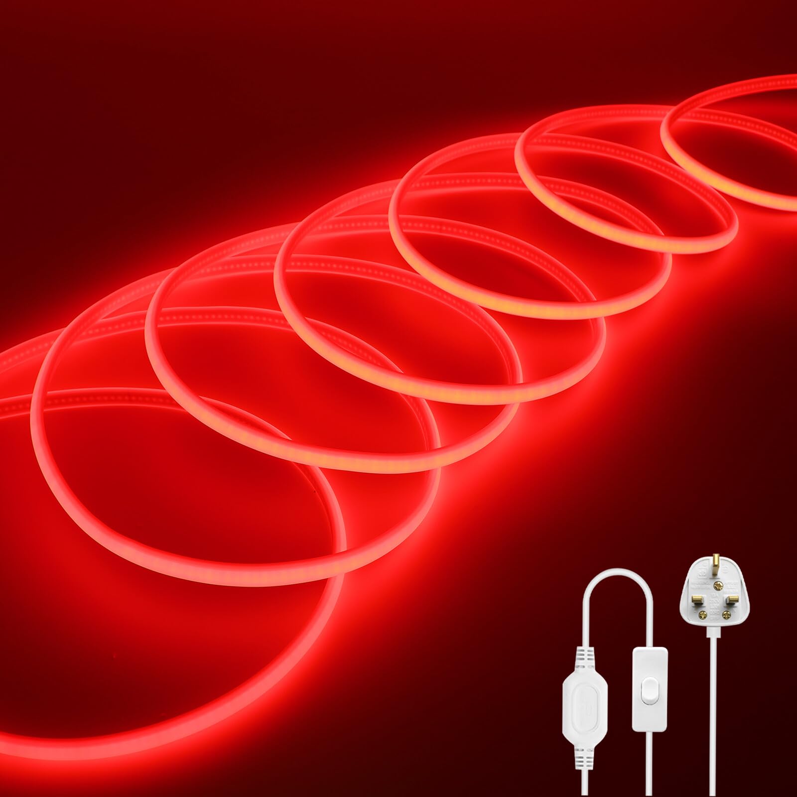 Wisada 220V COB LED Neon Light Strip with On/Off [0.5m, Red], IP65 Waterproof Flexible，288 LEDs/m Cuttable FCOB LED Rope Light, DIY Design, Home Store Decorative Light Strip