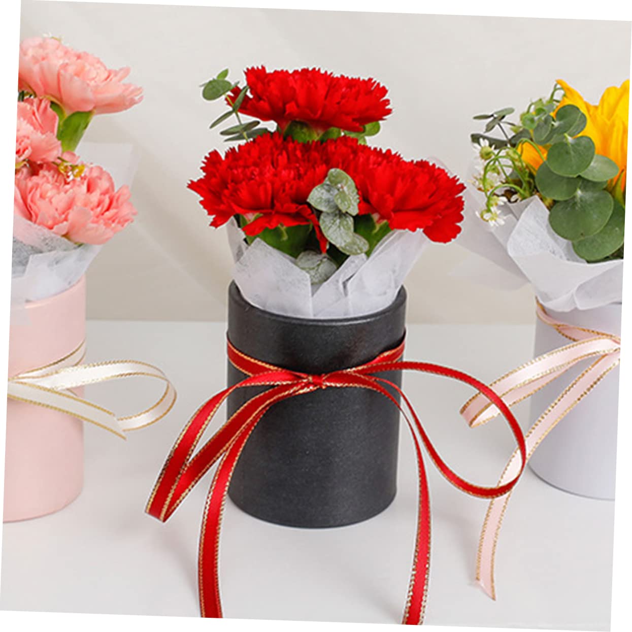 HAPINARY 8 Pcs Hug Bucket Round Paper Cases Boxes for Bouquets Artificial Flowers Candy Boxes Party Favors Small Bucket Tumblers Packaging Clear Paper Cylinder Gold Decor Liners Faux Pink