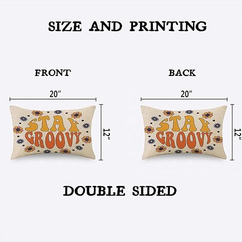 Miniatura 4 de TKS MITLAN Fundas de almohada decorativas con eslogan retro Stay Groovy, estampado de flores hippie en círculo, fundas de almohada de lino rústico