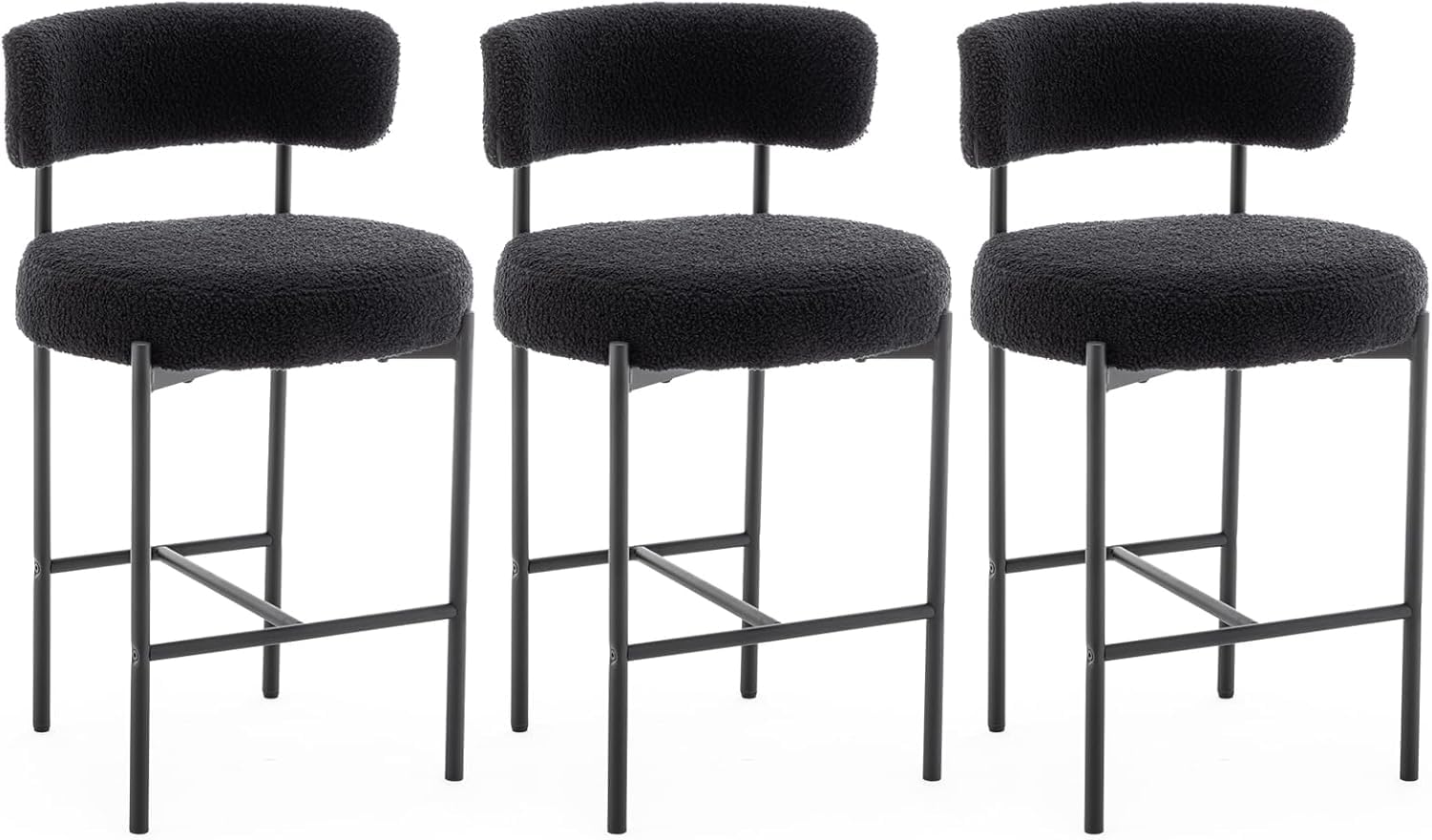 Cinxzar Boucle Bar Stools Set of 3, Black Counter Height Bar Stools with Backs, Modern Barstools for Kitchen Island, Pub, Club