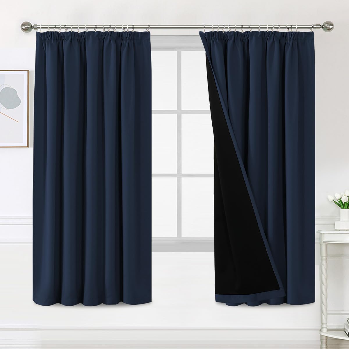 Bellahills Navy 100% Blackout Curtains For Bedroom Thermal Insulated Curtains & Drapes Blackout Curtains Pencil Pleat Curtains For Living Room With Black Liner 2 Panels Set, 66 X 72 Inch,