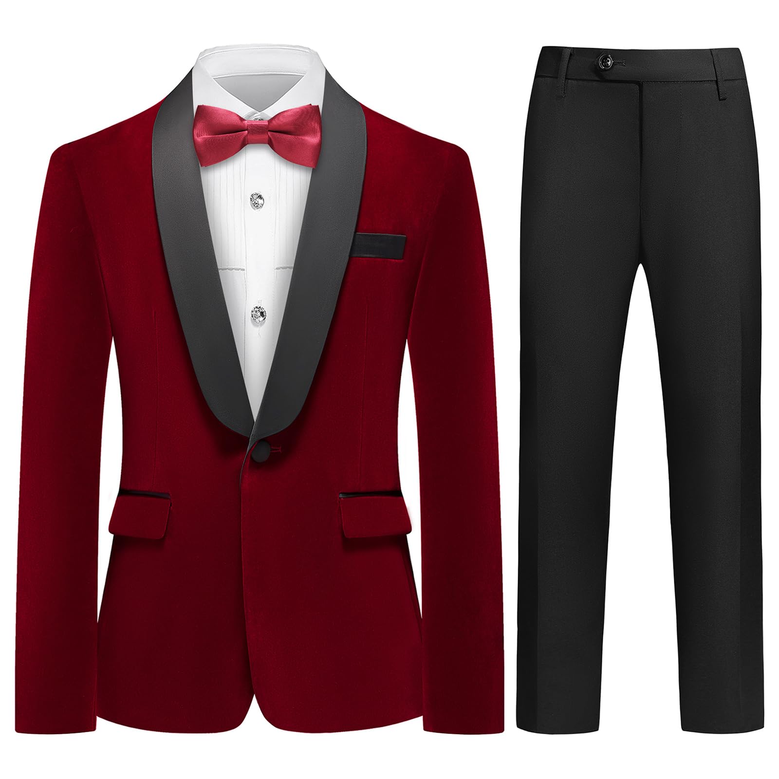 Lamgool Boys Velvet Tuxedo Suit 4 Piece Slim Fit Kids Formal Outfit Set with Blazer Dress Shirt Pant Bow Tie for Wedding