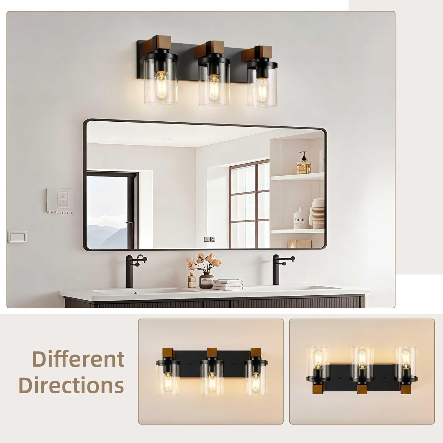 3-Light Farmhouse Bathroom Light Fixtures, Black Bathroom Vanity Light Fixtures Over Mirror, Rustic Sconces Wall Lighting with Clear Glass Shades for Living Room, Bedroom, Hallway