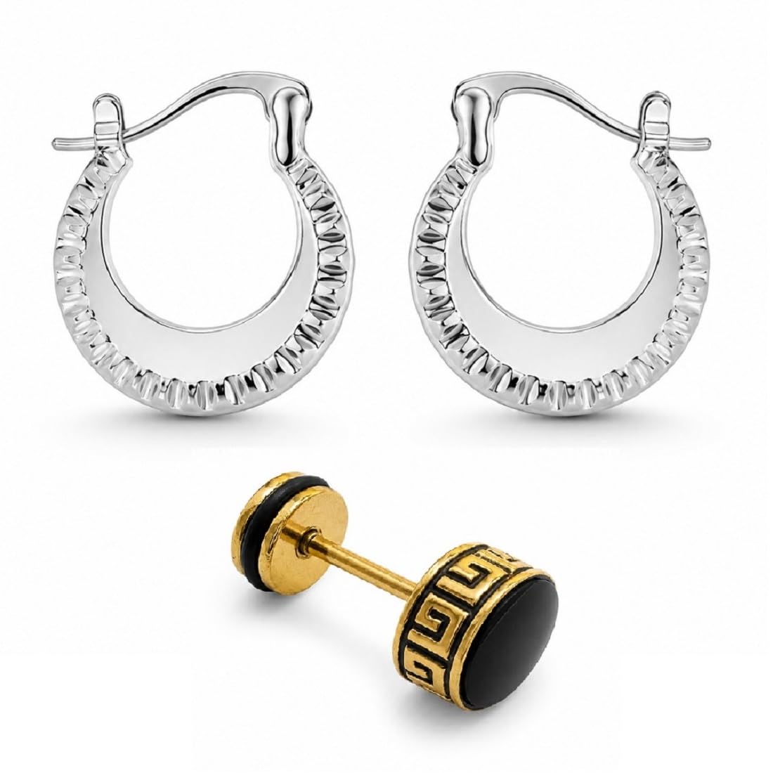 Combo of Men Golden Round Black & Silver Chand Bali Pair Ear Earrings, Durable Build, Everyday Wear Accessory-image-1