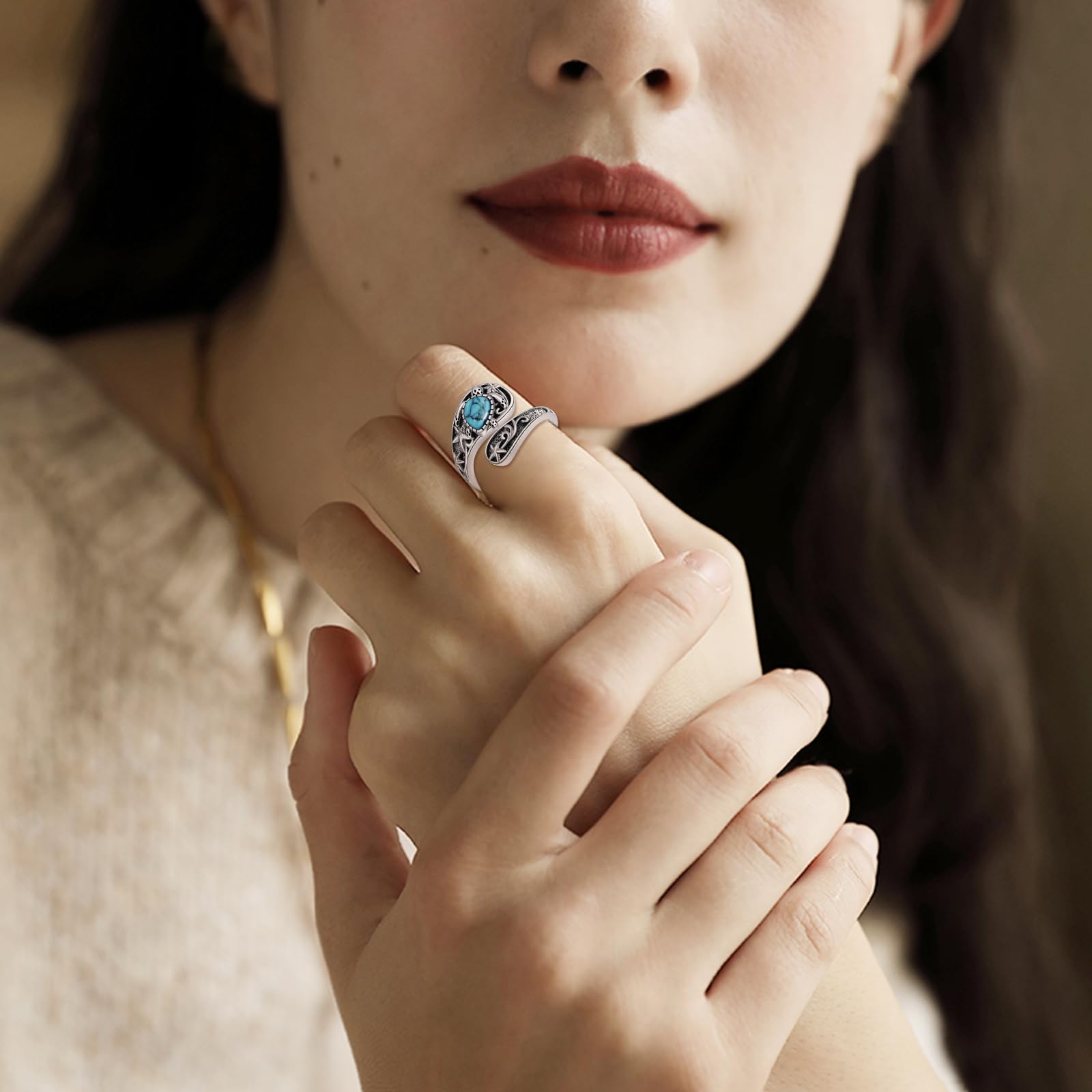 YFN Anello a forma di tartaruga del mare, in argento Sterling 925, con tartaruga turchese, regolabile, vintage, cucchiaio, anello per le donne del mare, Argento sterling, Nessuna pietra preziosa