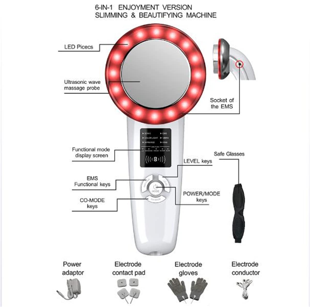 6 in 1 Massaggiatore Viso Corpo Ad Ultrasuoni, Cavitazione Ad Ultrasuoni EMS Macchina Dimagrante, Massaggiatore Corpo Cura Del Viso Terapia A Infrarossi LED