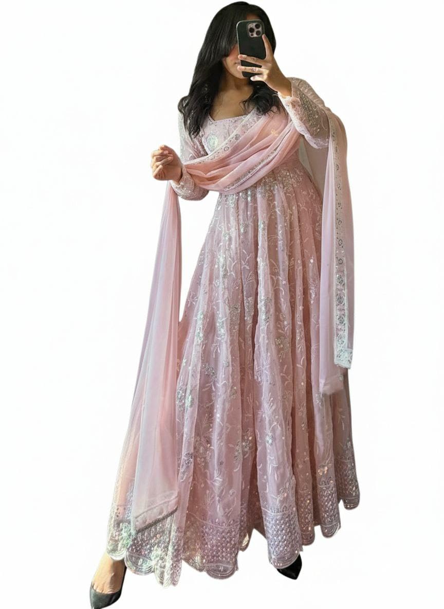 Women’s Peach Pink Embroidered Anarkali Gown with Dupatta Ethnic Dress for Wedding & Festive