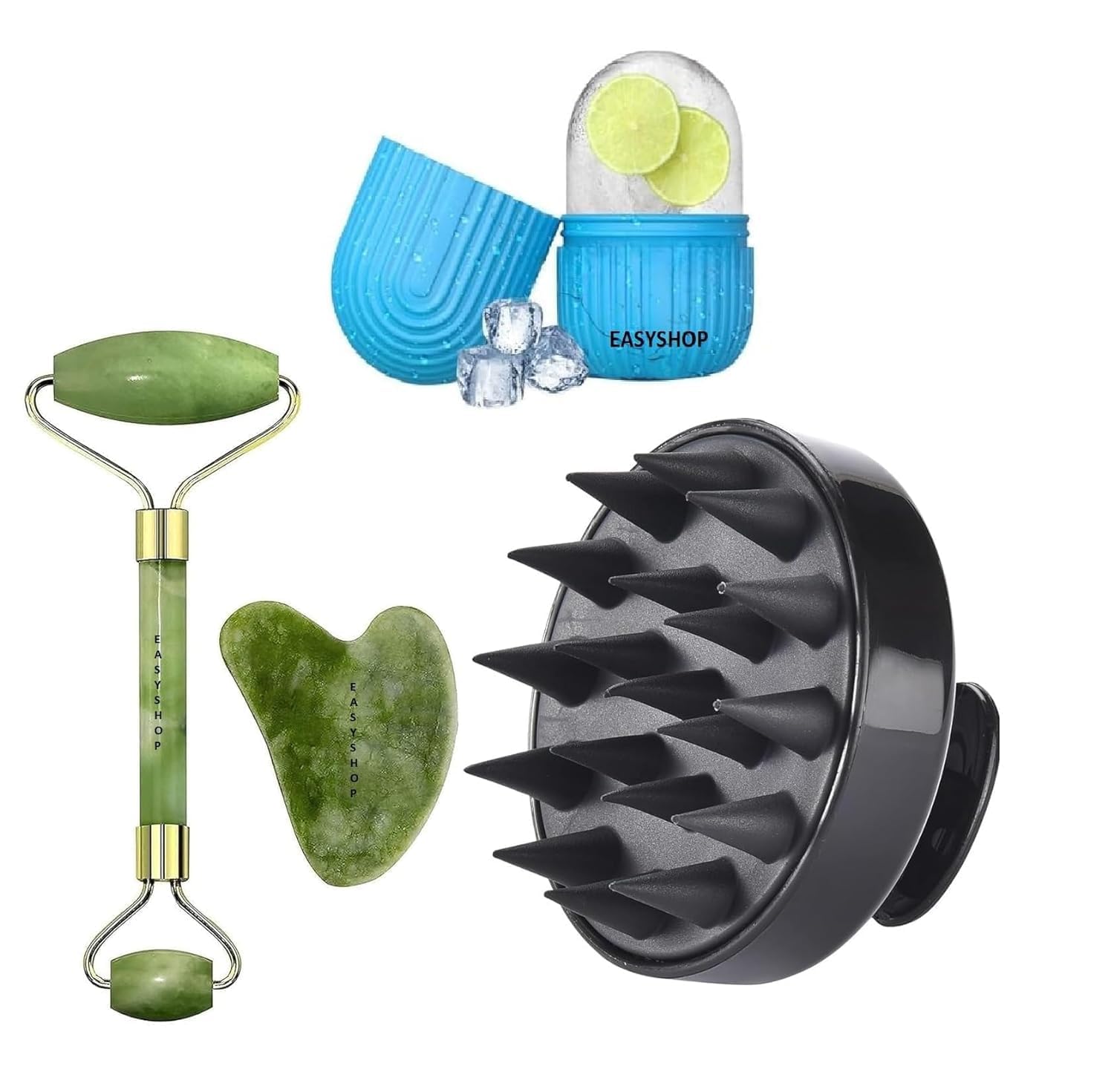 Combo Offer Facial Massager Beutyy Kit Jade Roller & Gua Sha Tool Natural Himalayan Stone For Face Neck Healing Skin Wrinkles & Serum Application Hair Scalp & Ice Massager (Multy Coloured)-image-43
