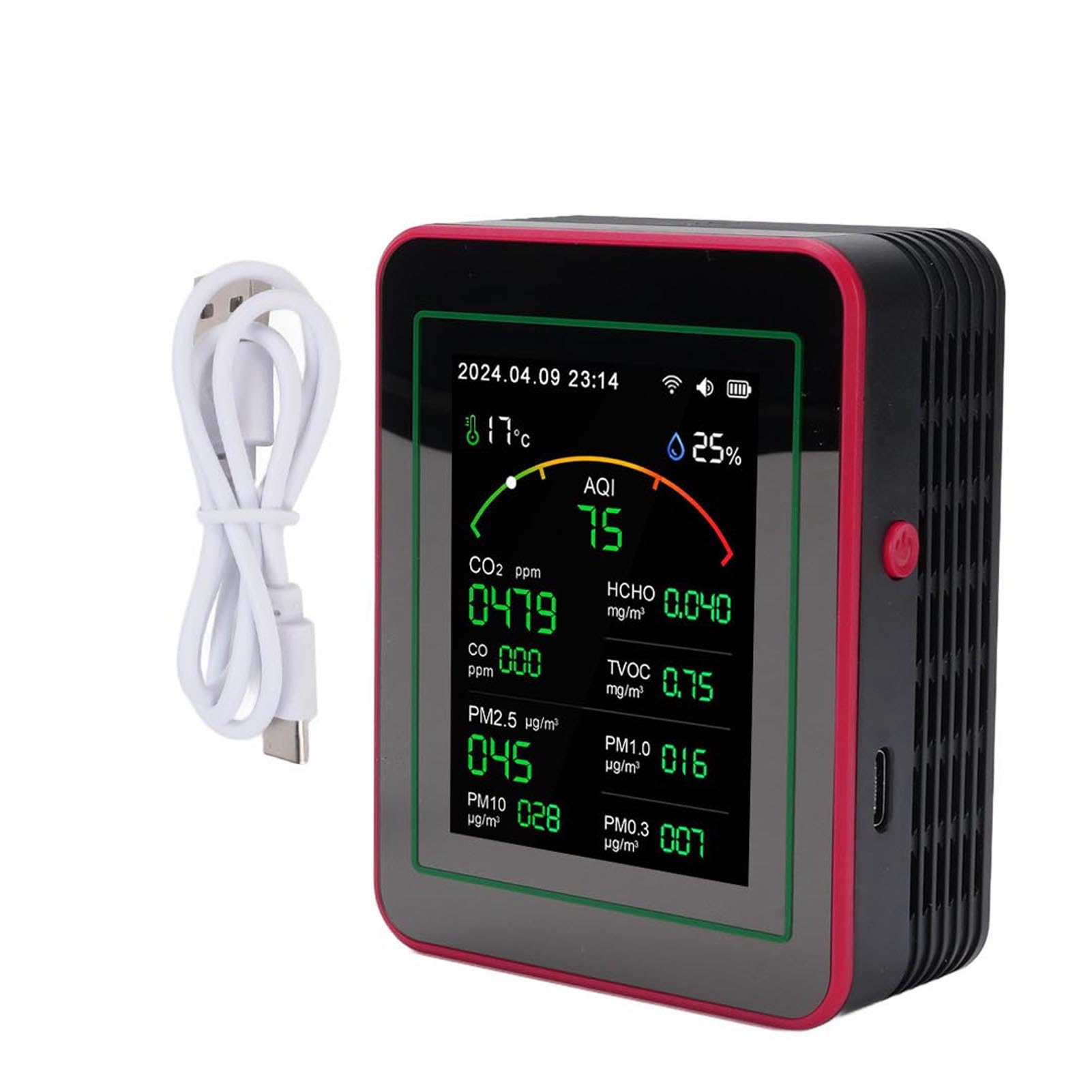 Monitor di qualità Dell'Aria WiFi, Tester di qualità Dell'Aria Interna per CO2, TVOC, HCHO, PM0.3-PM10, Temperatura e umidità, Dati in Tempo Reale con App Mobile, Rilevatore di (+rosso)
