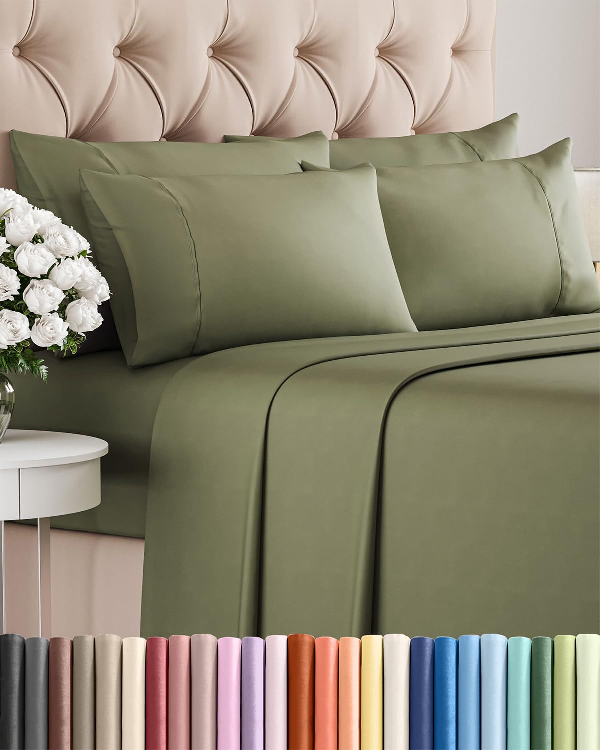 California King Size Sheet Set - 6 Piece Set - Hotel Luxury Bed Sheets - Extra Soft - Deep Pockets - Easy Fit - Breathable & Cooling - Wrinkle Free - Comfy - Sage Green Bed Sheets - Cali Kings Sheets