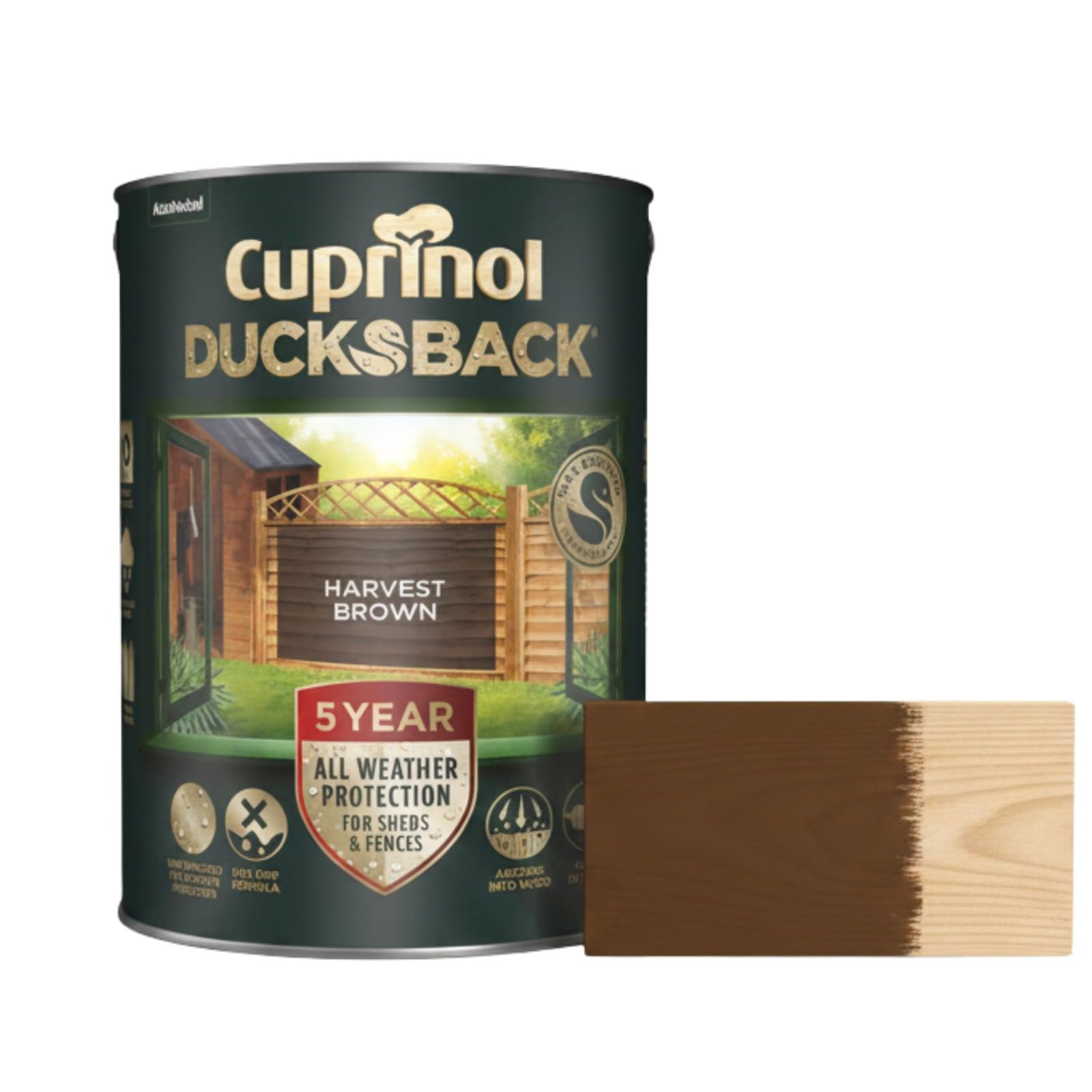 Aruuj 5L Ducksback Paint Harvest Brown, Fence Paint Extends Timber Life, Water Repellent Wood Treatment, Painting Shades Protects Against UV, Rain & Frost, Fast Drying Low Odour