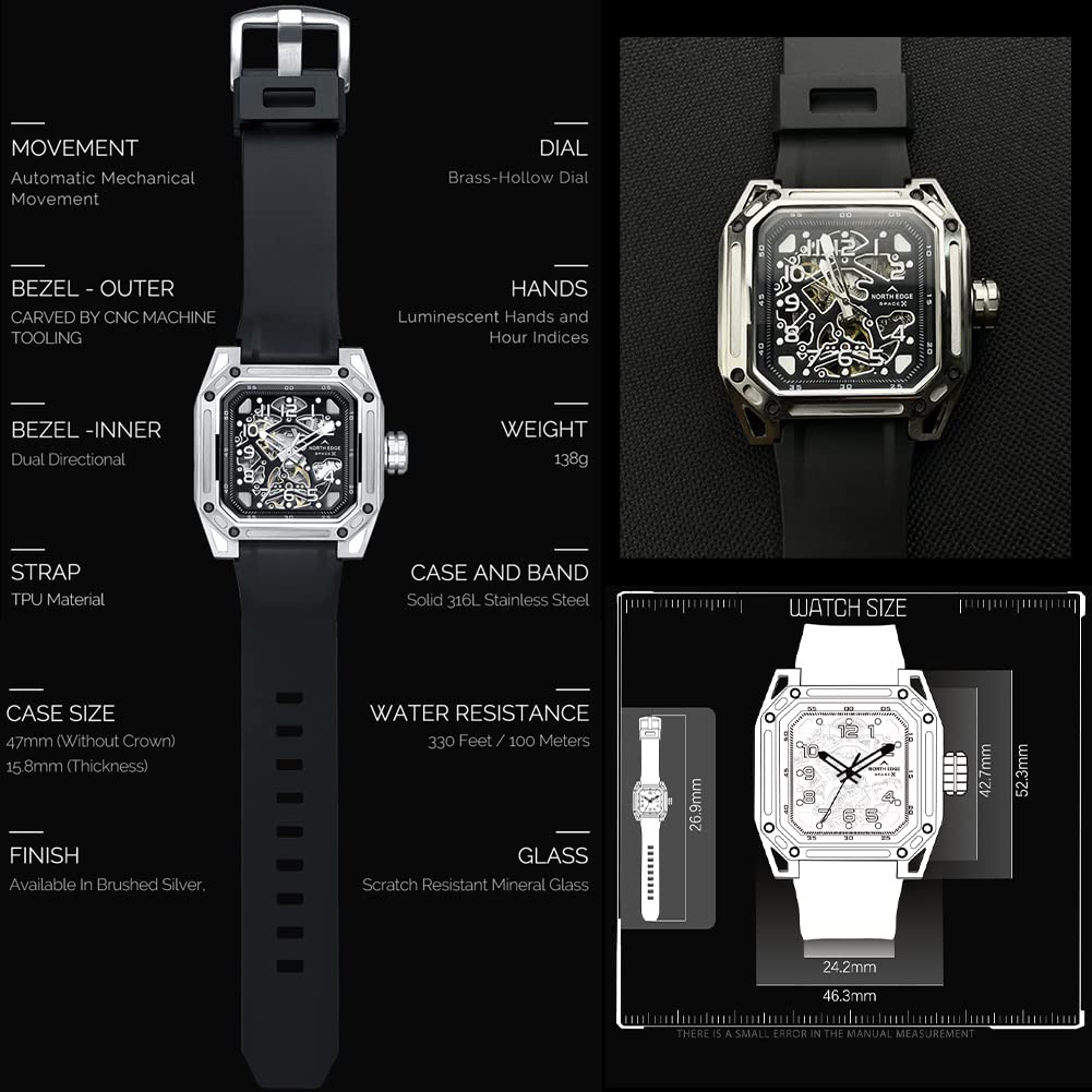 Reloj Transparente mecánico para Hombres Reloj mecánico automático analógico 100m Reloj Hueco de Lujo de Acero Inoxidable Transparente Impermeable y autoenredado de Lujo
