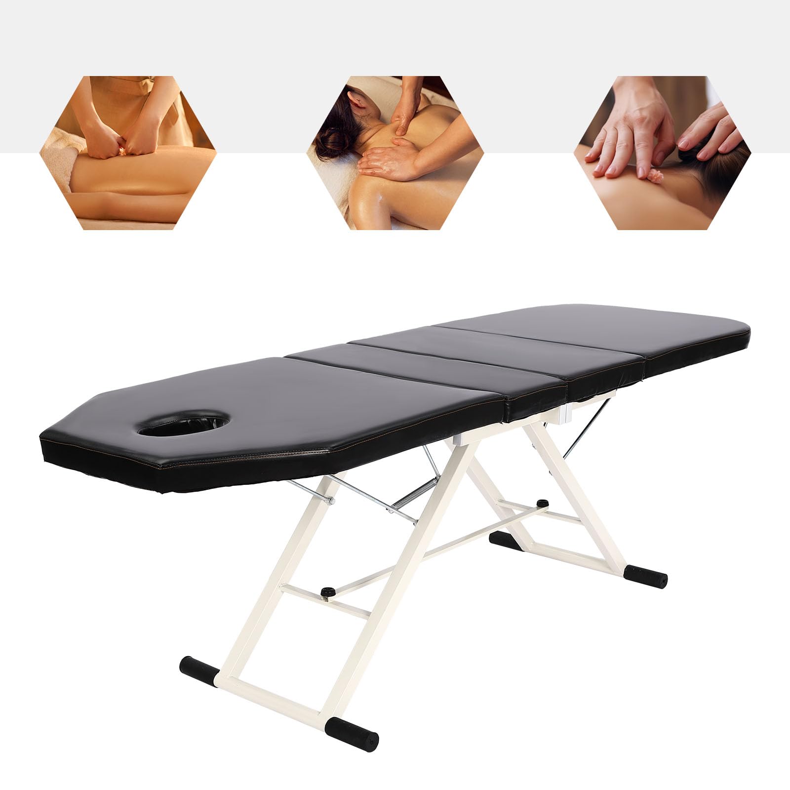 Camilla de masaje plegable con ajustable 70°+45° y almohada, capacidad de carga de 250 kg, portátil, plegable en 3 zonas, para spa, cosméticos, hogar, 182 x 61 x 60 cm, color negro