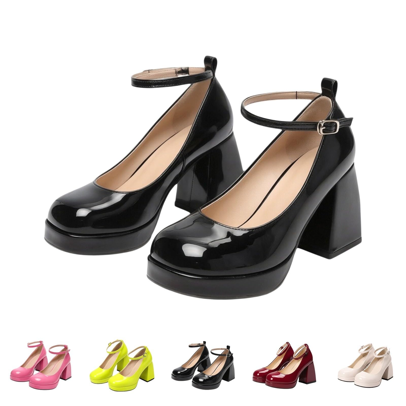 Scarpe da sposa da donna con tacco alto e plateau, Mary Janes | Scarpe con tacco grosso, sandali con tacco largo, in pelle verniciata, scarpe da sposa per feste di matrimonio