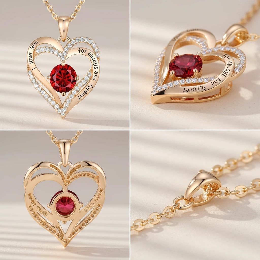 Flower Heart Moissanite Emerlad Birthstone Jewelry Necklaces, S925 Silver Pendant for Women, 18K Gold Plated Jewelry for Her Wife Girlfriend Daughter Mom for Anniversary Birthday Gift - Red - Image 4