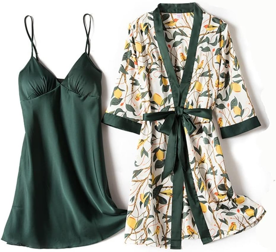 Print Flower Robe Suit 2PCS Sleep Set Women Gown Satin Intimate Lingerie Nighty&Bathrobe Sleepwear Homewear(D,Large)
