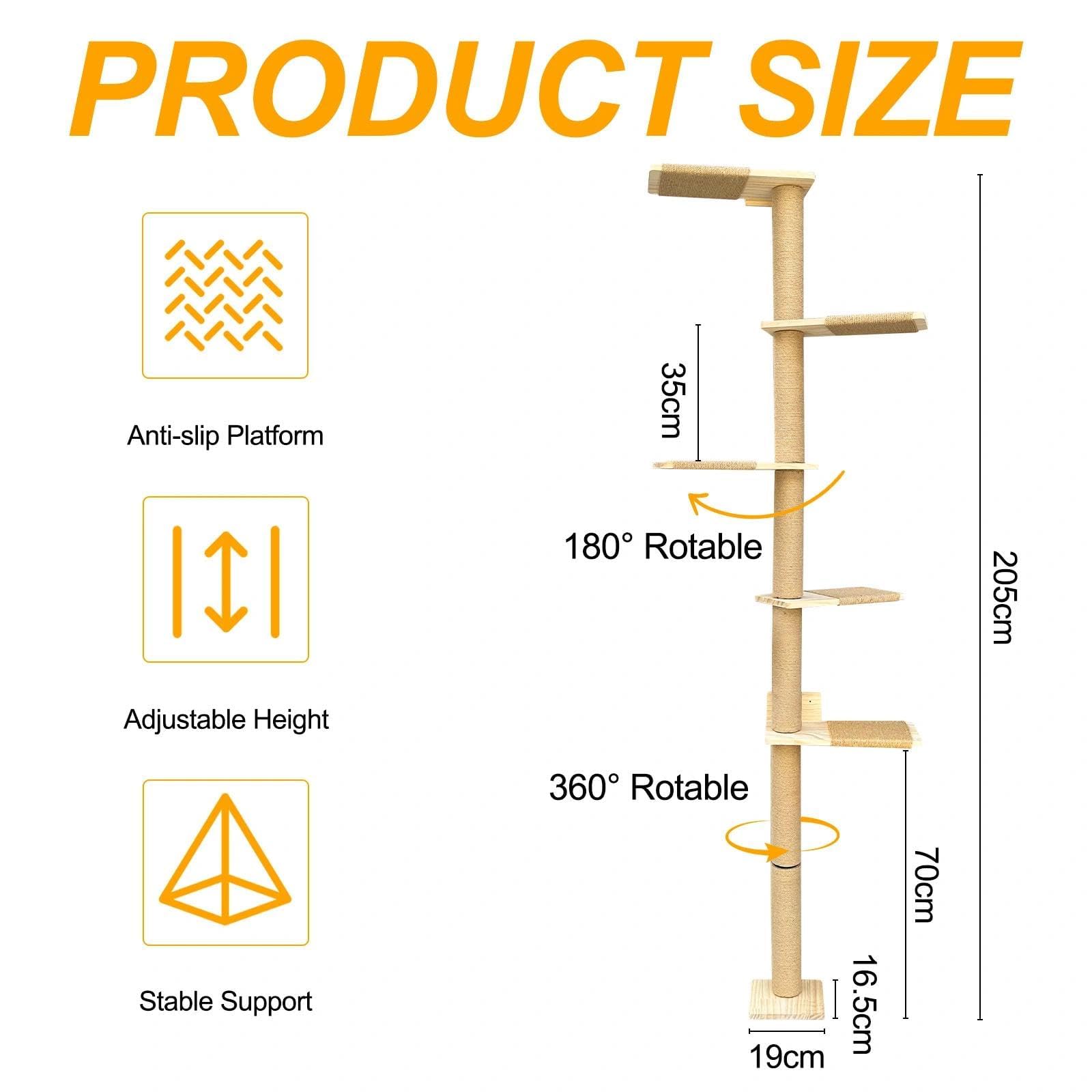 Rascador para Gatos de Poste, Árbol para Gatos, Torre de 5 Niveles hasta el Techo (205 cm), Montado en la Pared, con Corda di Sisal Naturale, para Trepar, Rasguñar y Jugar