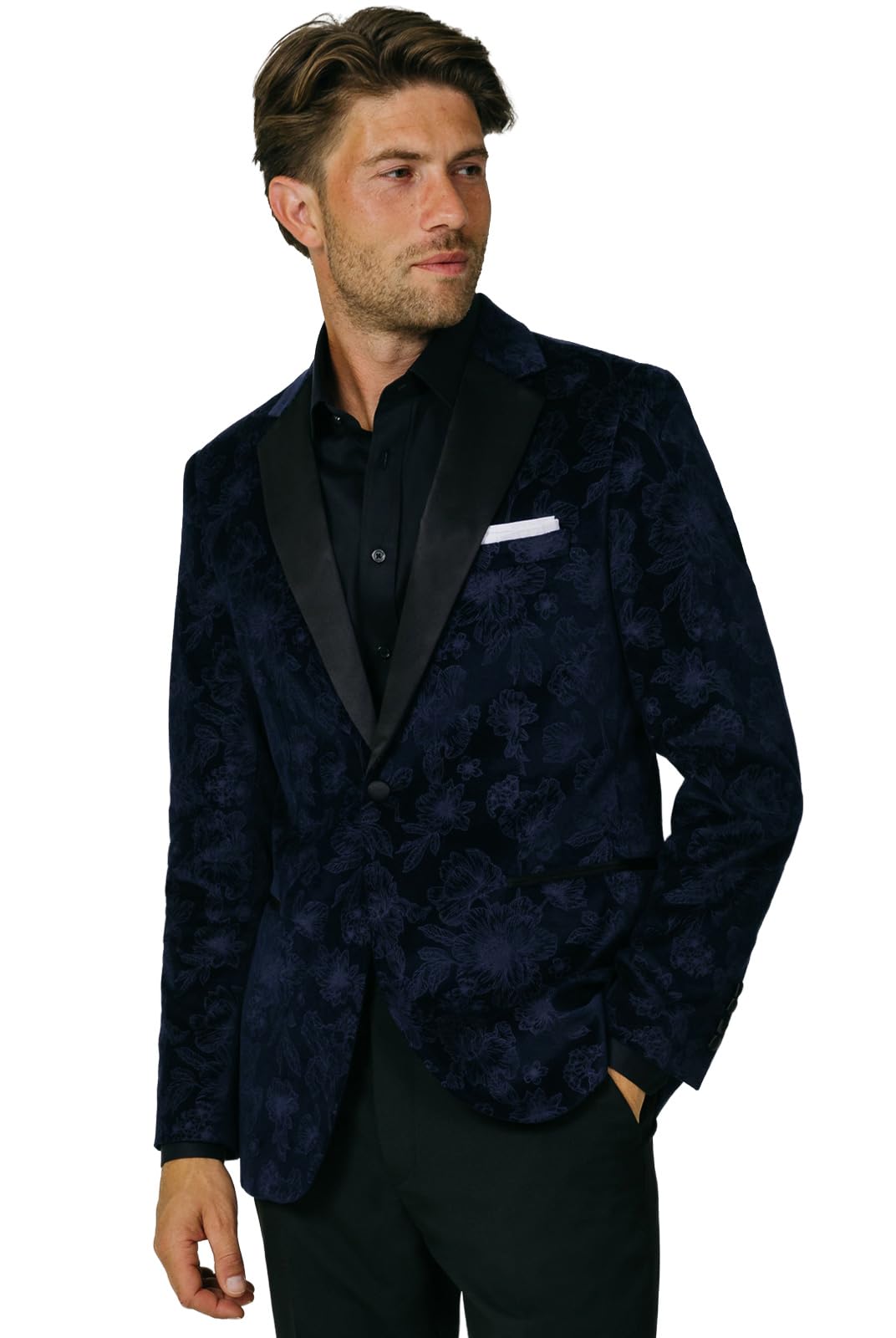 Dobell Mens Navy Floral Jacquard Velvet Tuxedo Jacket Regular Fit 100% Cotton-50R