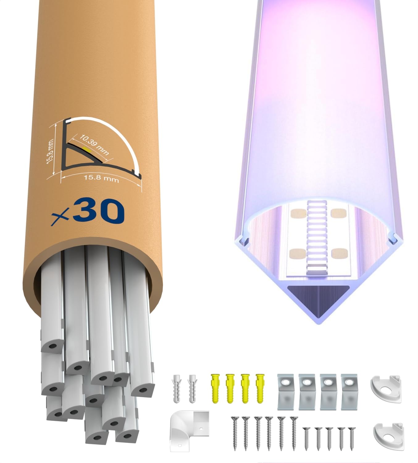 30x Profilé Alu d’Angle pour Rubans LED 2M (60m) – Goulotte LED aluminium 2 mètres avec capot opale – Idéal pour rubans LED puissants jusqu’à 10.5mm de large