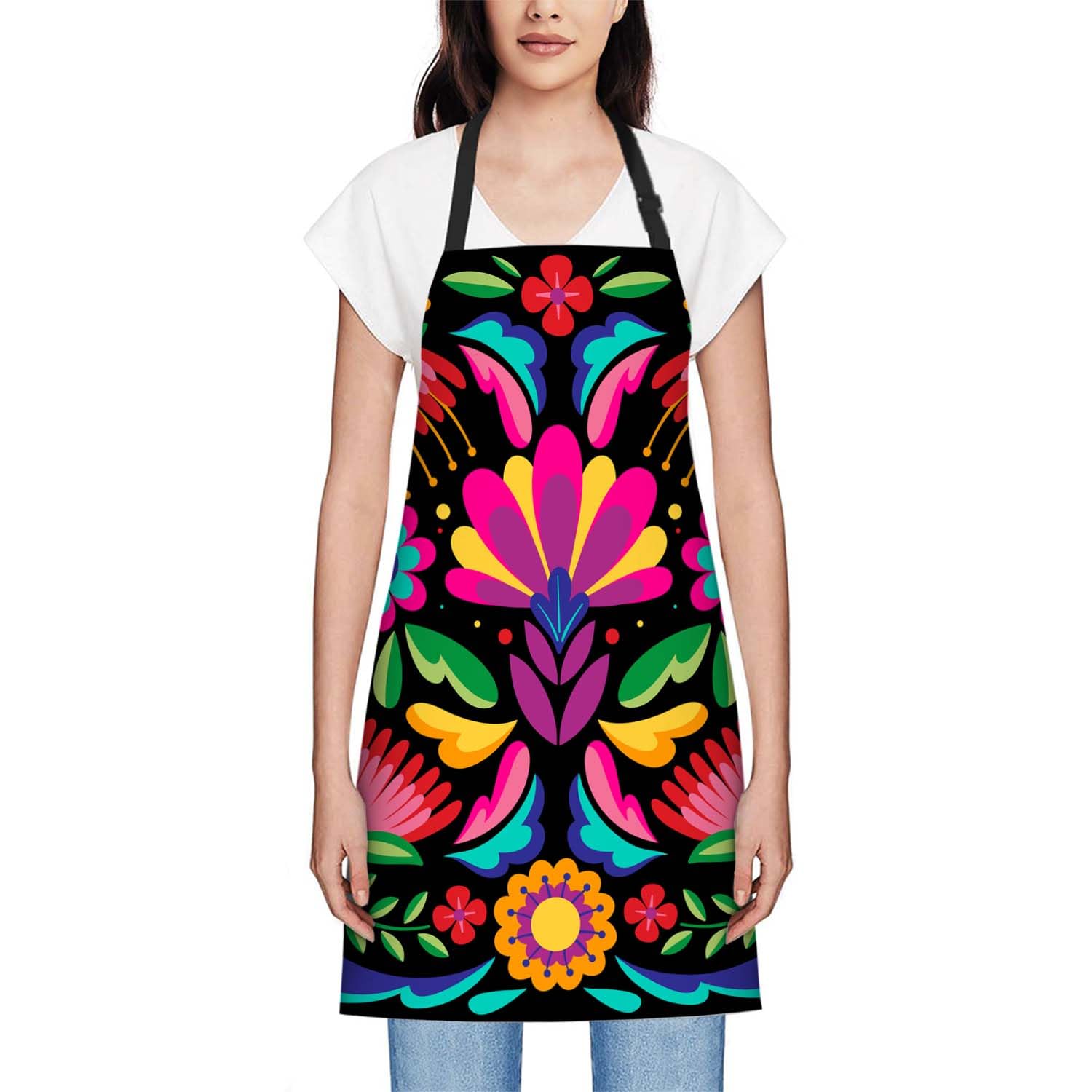 Smooffly Colorful Mexican Floral Apron,Adjustable Neck Bib Apron for Men Women,Suitable for Kitchen Cooking Waitress Chef Apron - Image 2
