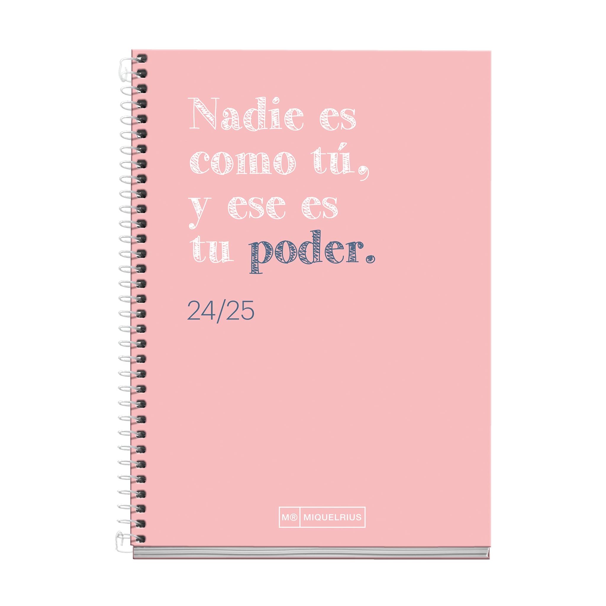 Miquelrius - Agenda Escolar 2024-2025, Septiembre 24 a Junio 25, 117 x 174 mm, Agenda Día Página, Cubierta Cartón Forrado, Agenda 2024 2025, Espiral Metálico Blanco, Catalán e Inglés, Write Rosa