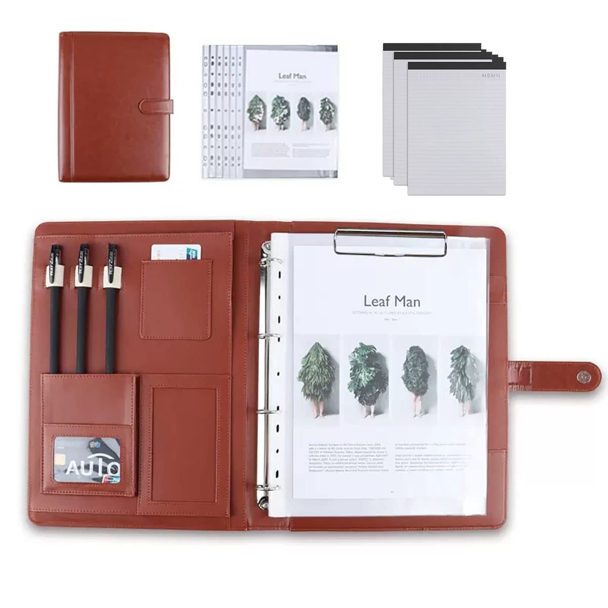 Raccoglitore ad anelli e blocco note, A4 in pelle PU, organizer con blocco per scrittura in nero, marrone, varie dimensioni (marrone, 3 blocchetti per appunti)