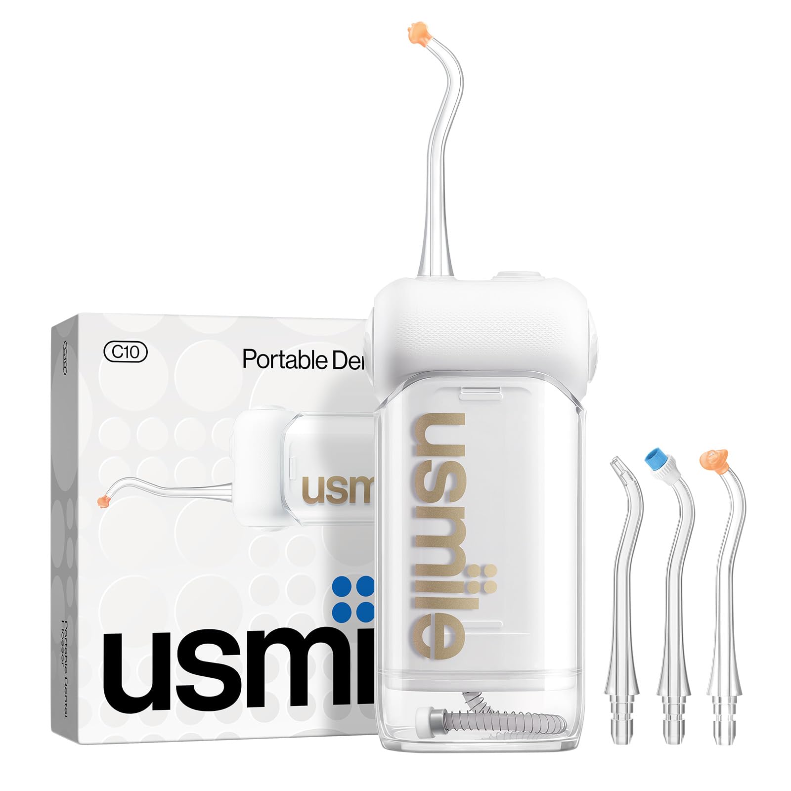 usmile C10 Portable Water Flosser - Travel Friendly 95 Day Battery 4 Modes 360° Nozzle 180ml Tank IPX7 Waterproof Dentist Recommended Brace Implant for Sensitive Gums (White)