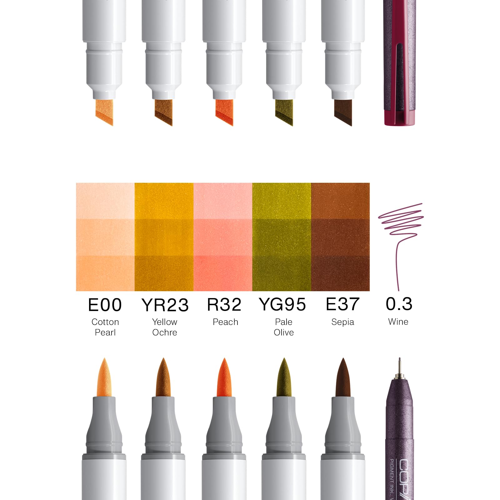 Copic Ciao MANGA - Set di pennarelli Yumi, con 5 tonalità di rosso-marrone e verde discreto, con 1 mulino da 0,3 mm in rosso vinaccia, Twin Marker con una punta media e una spazzola