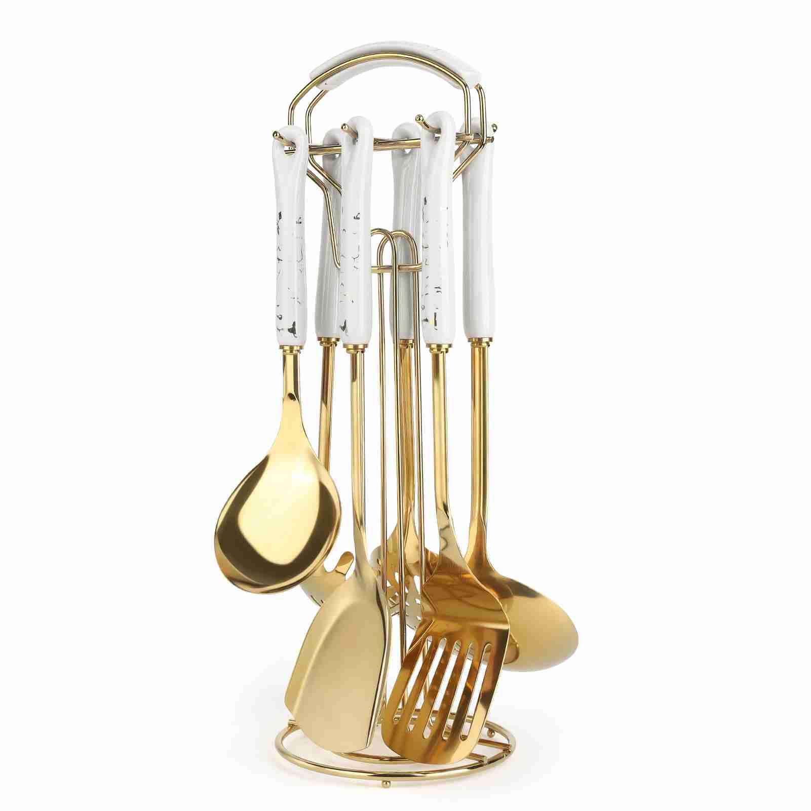 Hapvida Juego de utensilios de cocina, utensilios de acero inoxidable con mangos de cerámica, incluye espátula, cuchara, cucharón, triturador, espumadera, prensa de ajo, estante