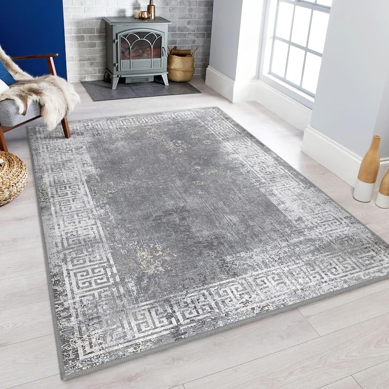Tapis vintage lavable et antidérapant avec bordure grise élégante