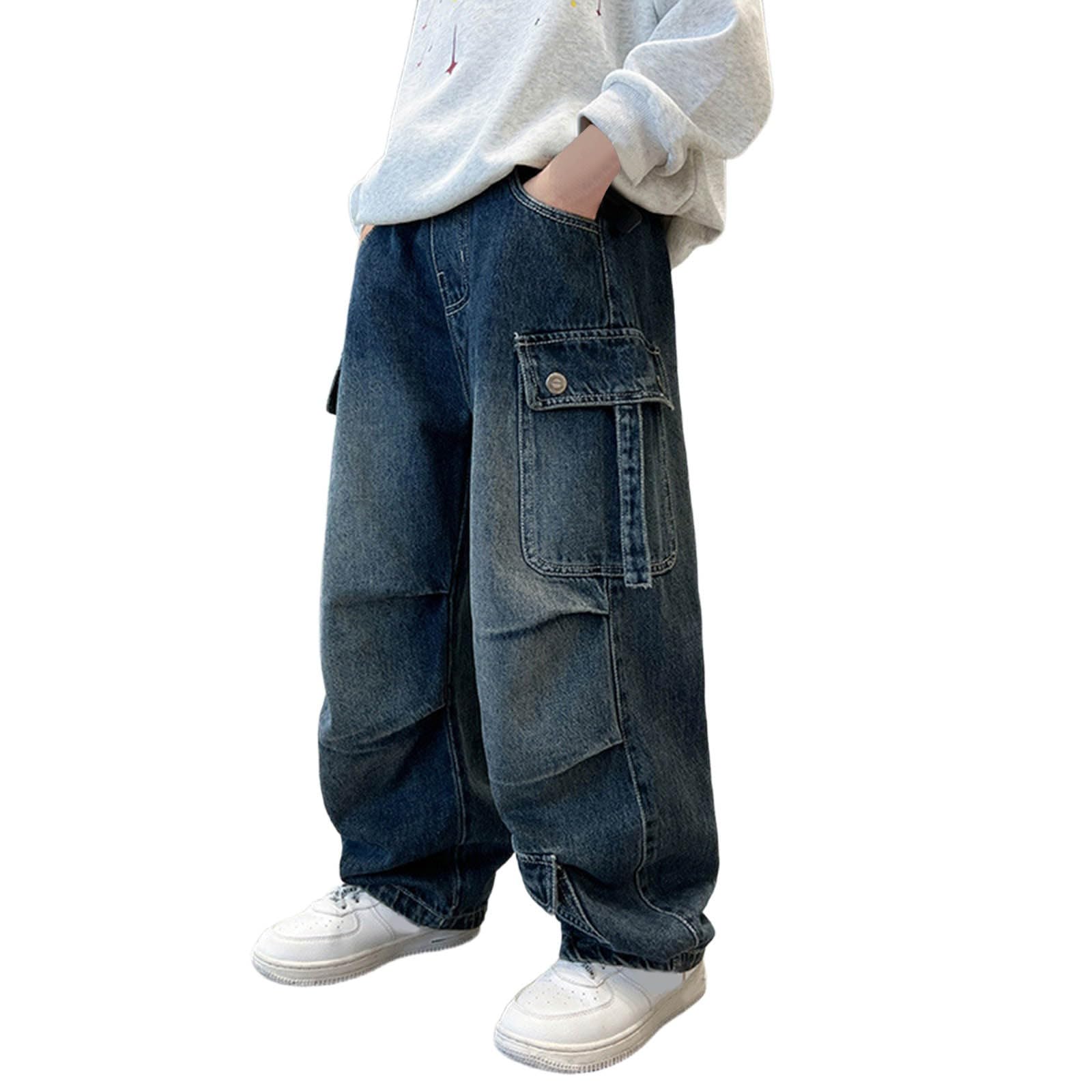 Generico Jeans Baggy Ragazzo - Pantaloni Cargo Casual in Denim per Ragazzi Pantaloni Larghi alla Moda per Le Stagioni Autunnali Pantaloni Lunghi Comodi per Bambini Outfit Elegante