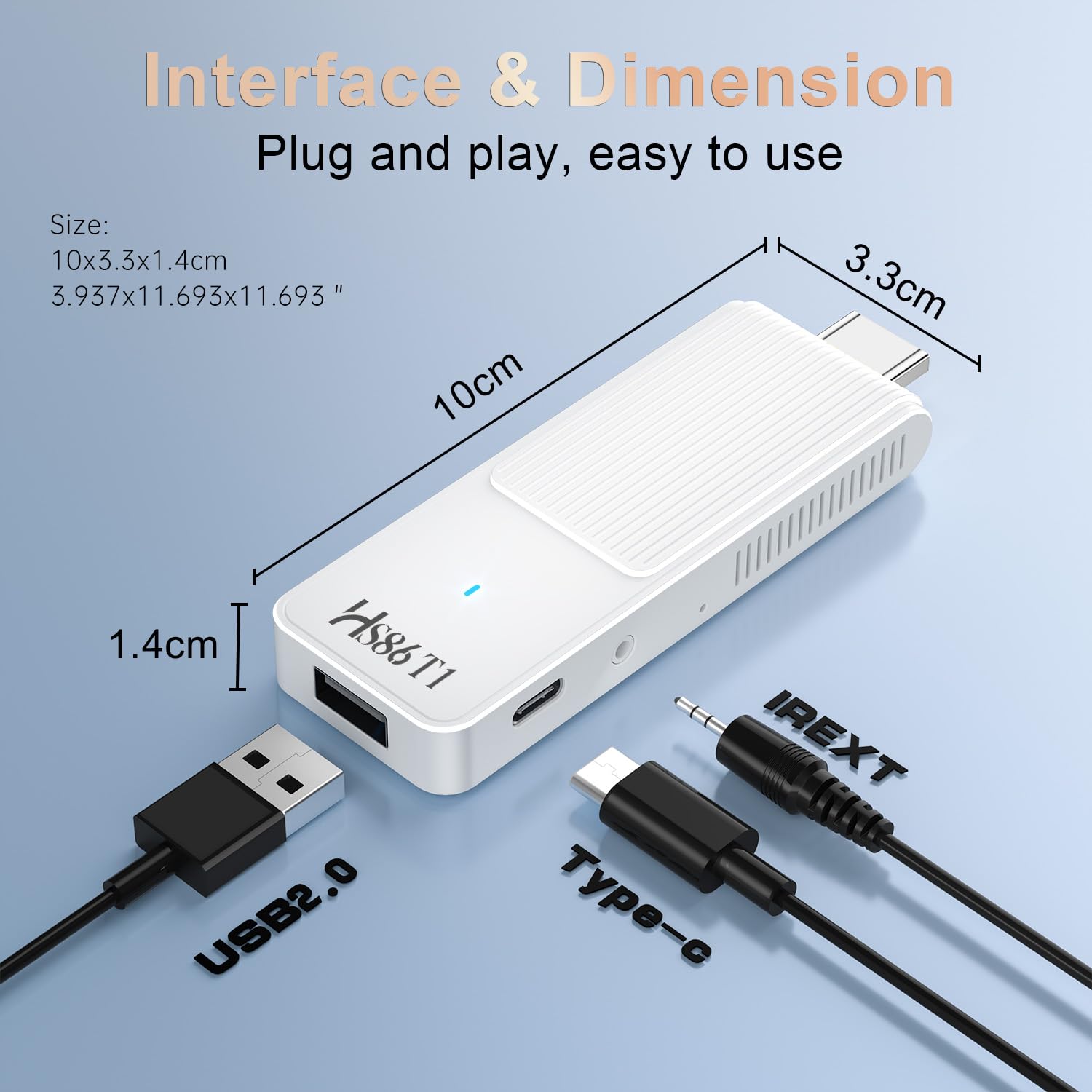 Android 14.0 TV Stick, con 2GB RAM e 16GB ROM, alimentato da chipset RK3518 Quad-Core 32bit Cortex-A53 e GPU Mali 450 MP2, supporta Wi-Fi dual-band 2.4G/5G, BT 5.4 e 4K Ultra HD