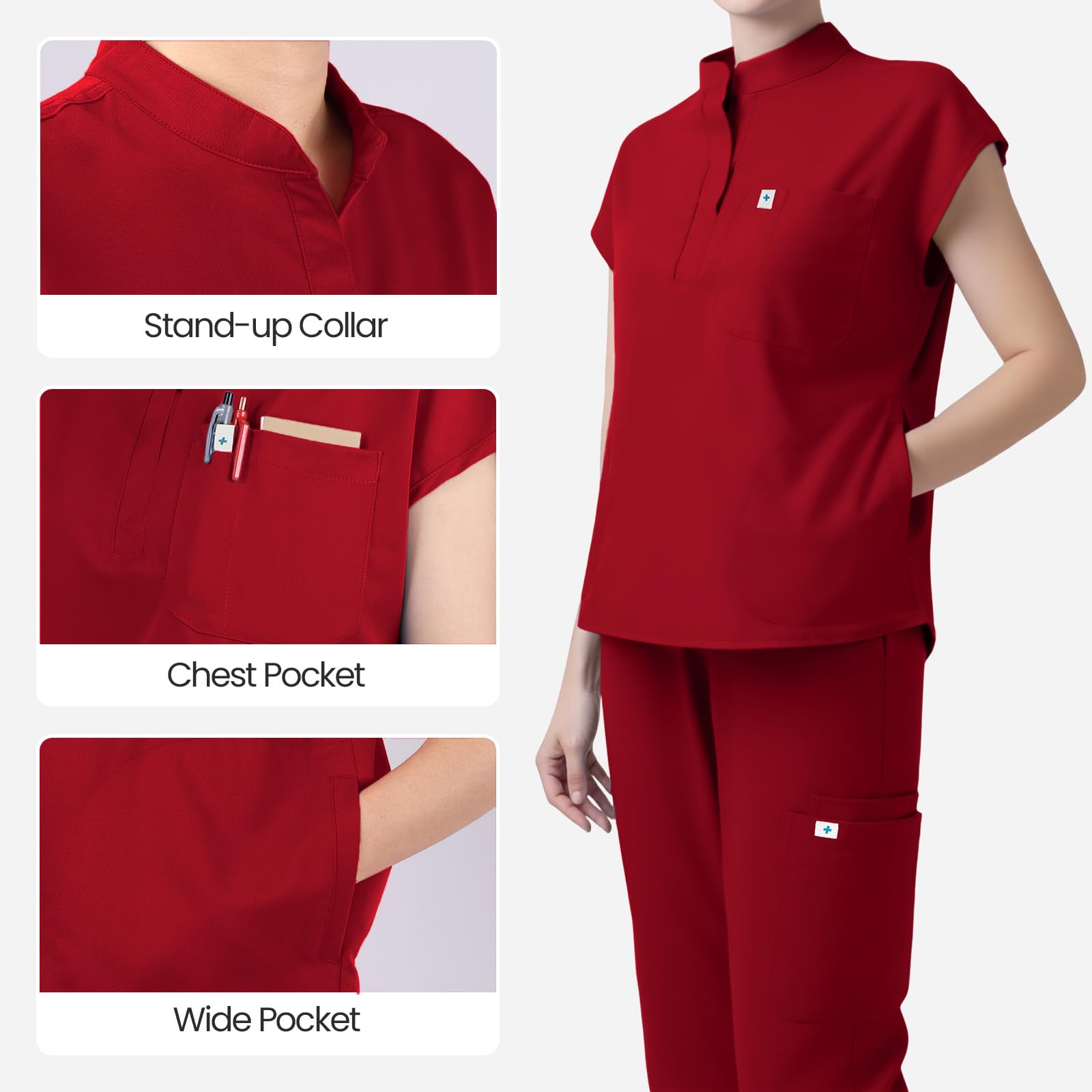Set di scrub da donna, con colletto e pantaloni da lavoro a gamba dritta, con tasche multiple
