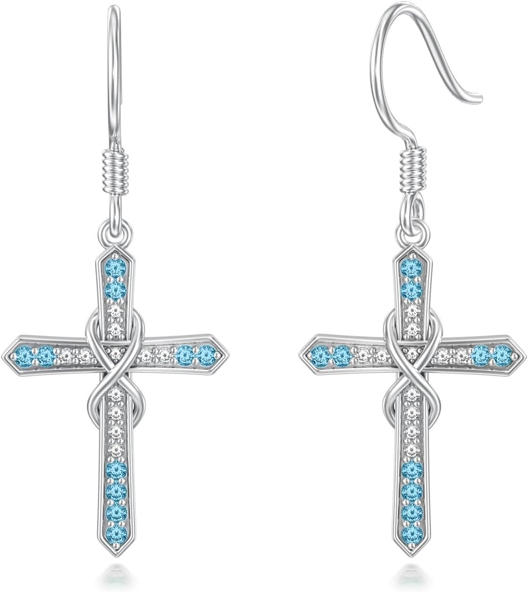Seiyang Cross Birthstone Earring 925 Sterling Silver Cross Dangle Drop Earrings with 12 Months Birthstone Religious Christian Jewelry Gifts for Women Mom Her