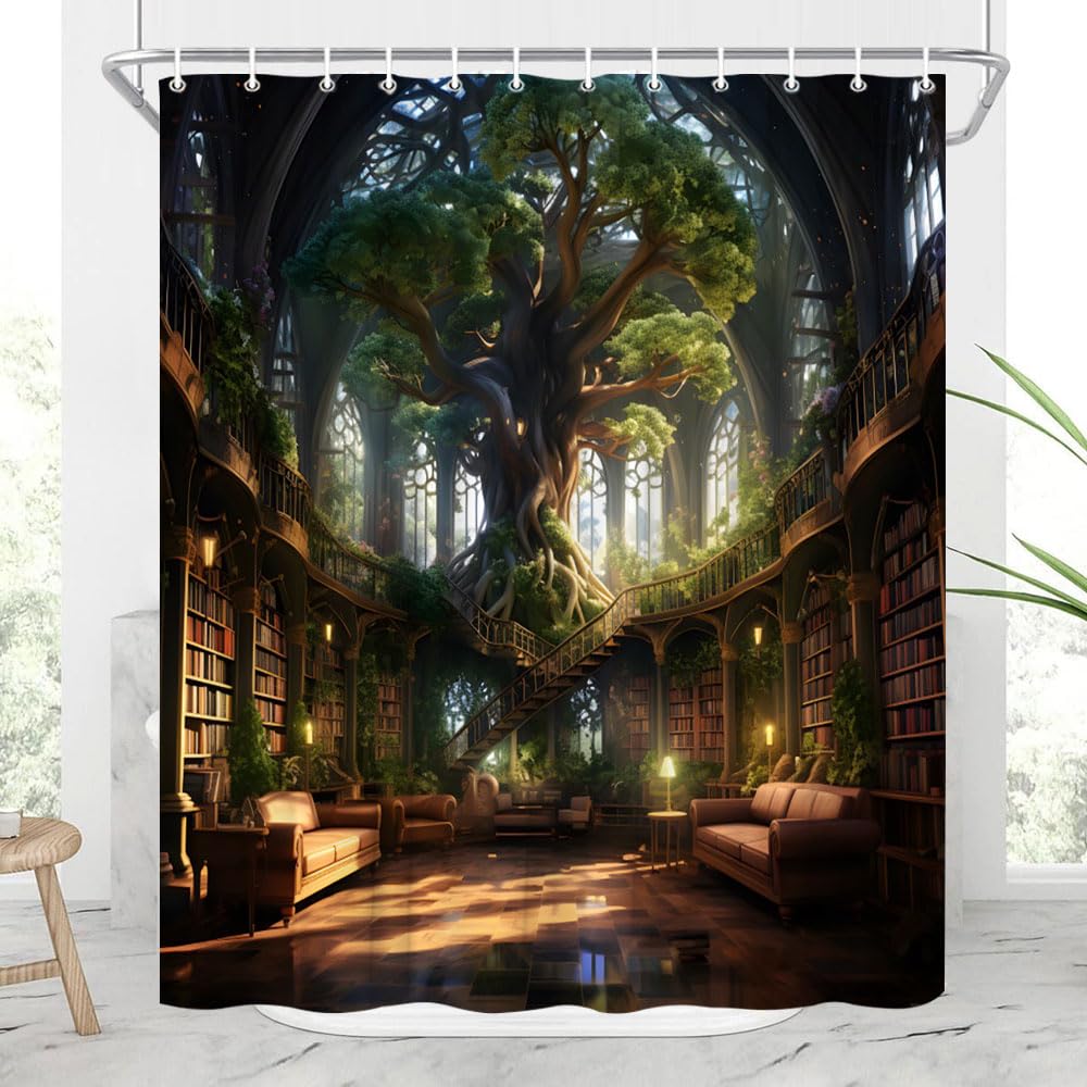 Gothic Retro Library Shower Curtain Magic Green Tree Forest Medieval Room for Study Scary Hallowmas Dark Castle Polyester Curtains Bathroom Decor with Hooks 70" Wx70 H