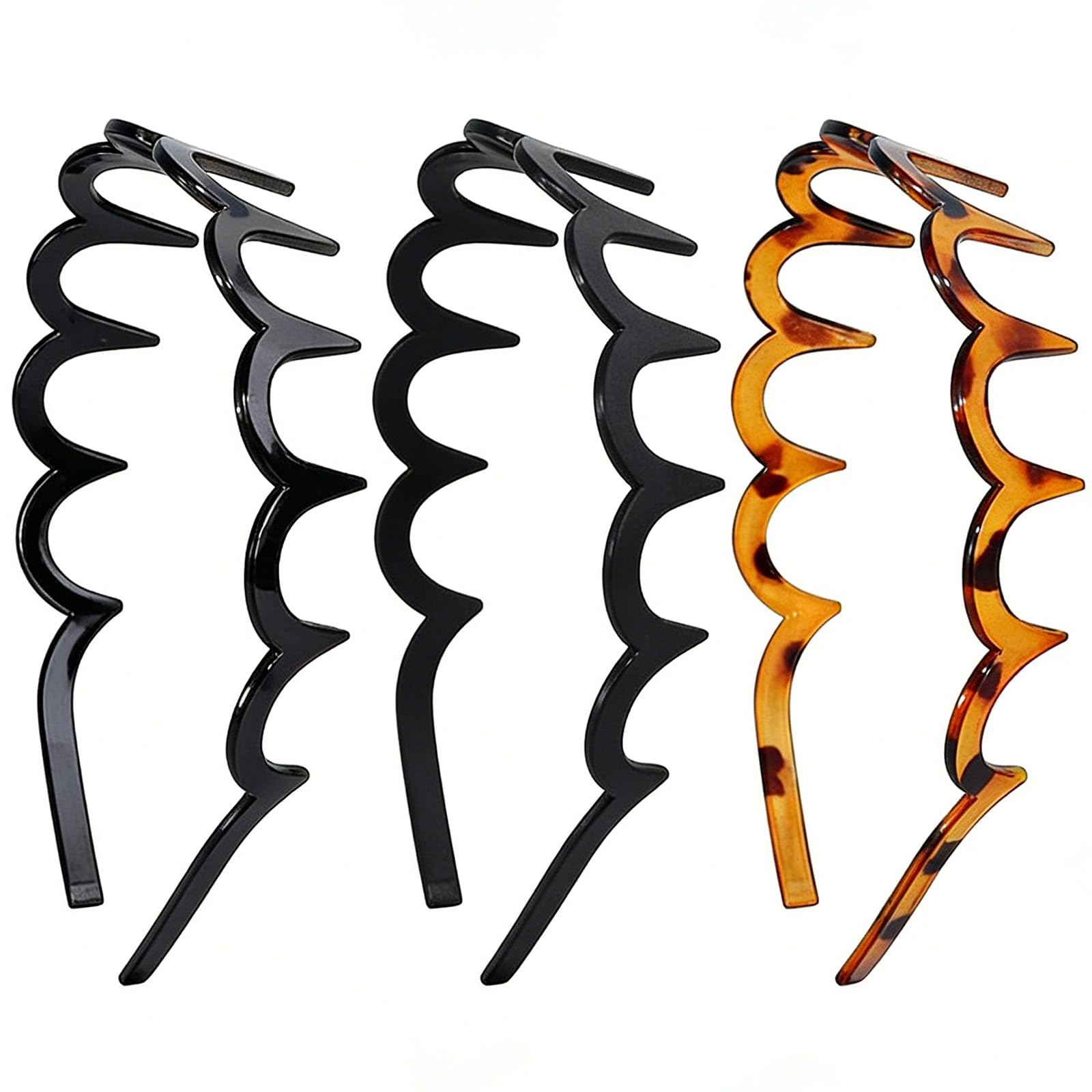 Zigzag Plastic Headbands with Teeth, Comb Hair Band for Women 3-Pack E-Black & Amber